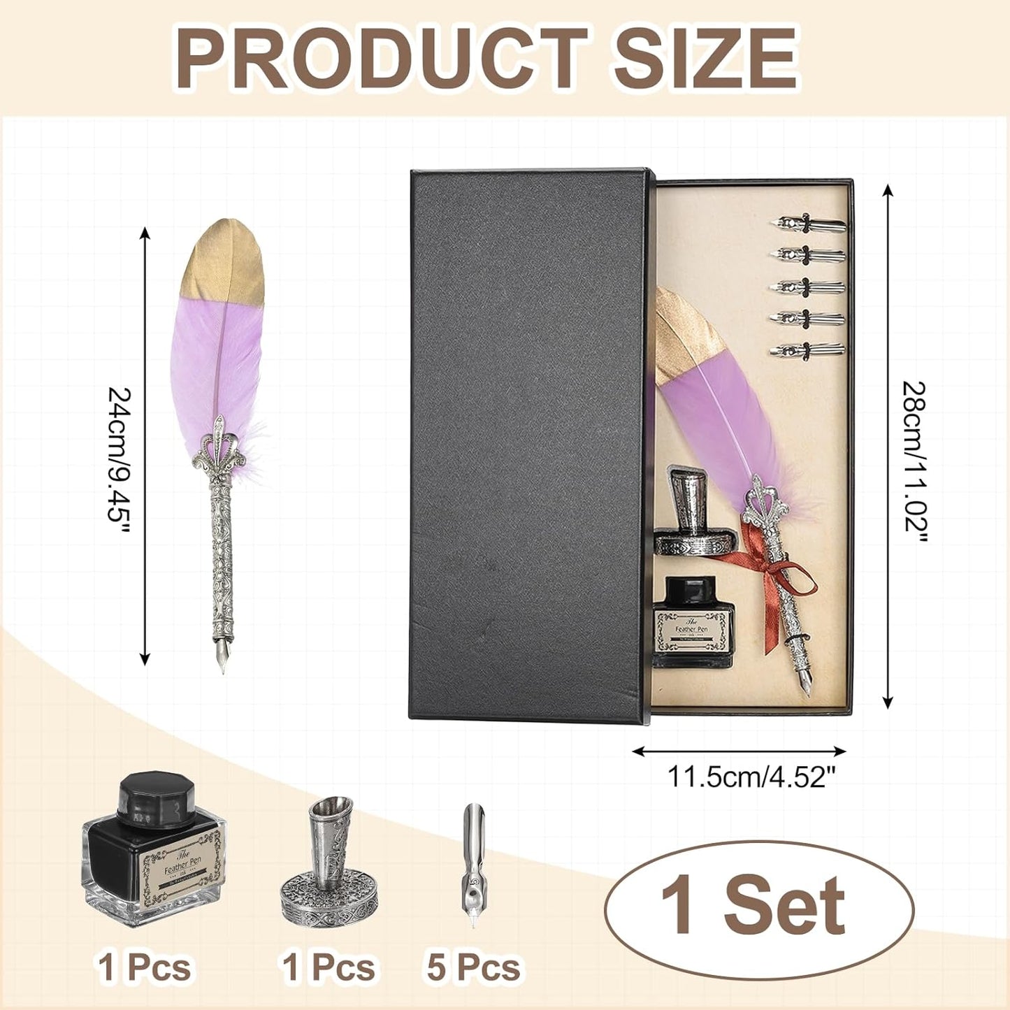 PATIKIL Feather Quill Pen Set, 1 Set Vintage Feather Calligraphy Pen Fountain Dip Pen Set with Ink, Pen Holder and Replacement Nibs for Beginner Writer Writing Gift, Light Purple