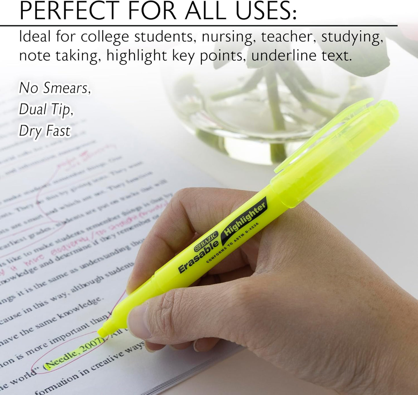 BAZIC Erasable Highlighter, Chisel Broad Line Fine Point Highlighters, Unscented Assorted Color Highlighting Coloring Erase Marker (3/Pack), 1-Pack