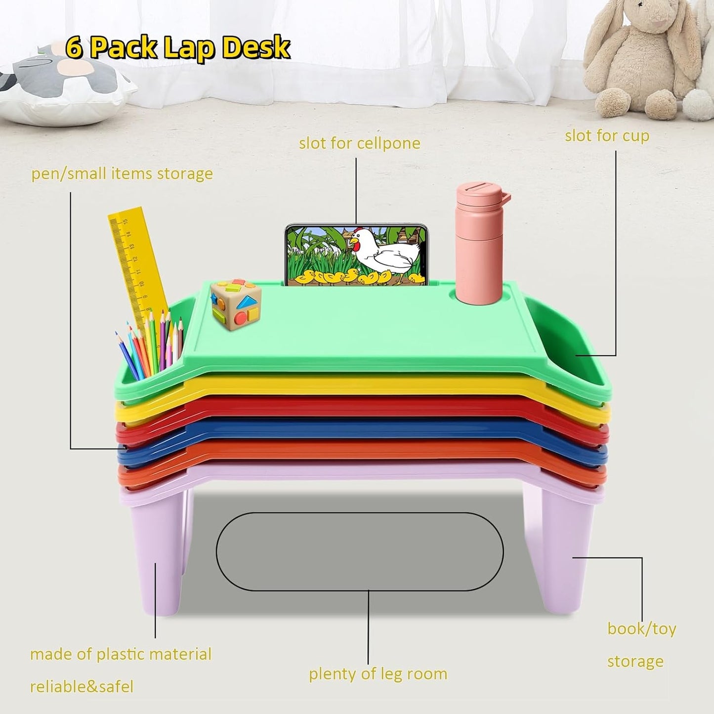 6 Pack Kids Lap Desk Tray with Storage Slots, Portable Lap Desk, Activity Tray, Drawing, Stackable, Writing, Eating, Classroom, 19.69" L x 9.84" W x 7.1" H (Multicolor)