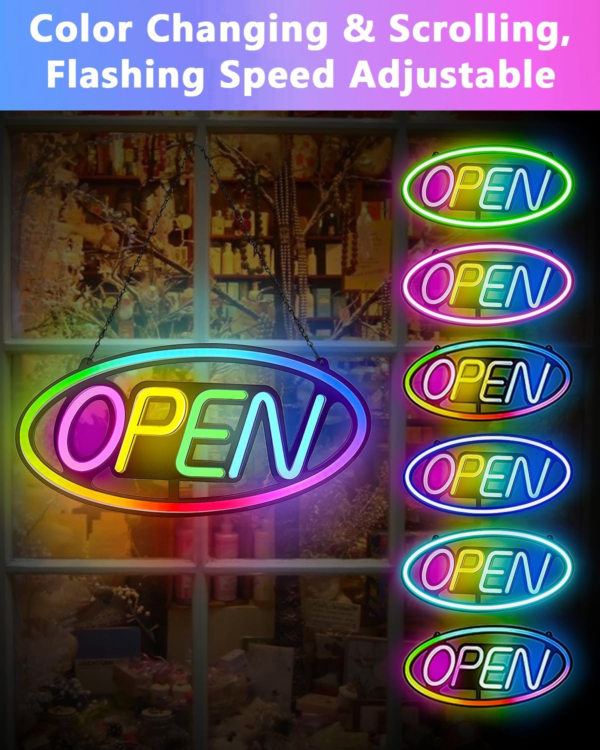 22" X 11" LED Neon Open Sign for Businesses – Ultra-Bright, Remote Control, Color Changing & Scrolling Modes | Adjustable Brightness/Speed | Energy-Efficient Light-Up Sign