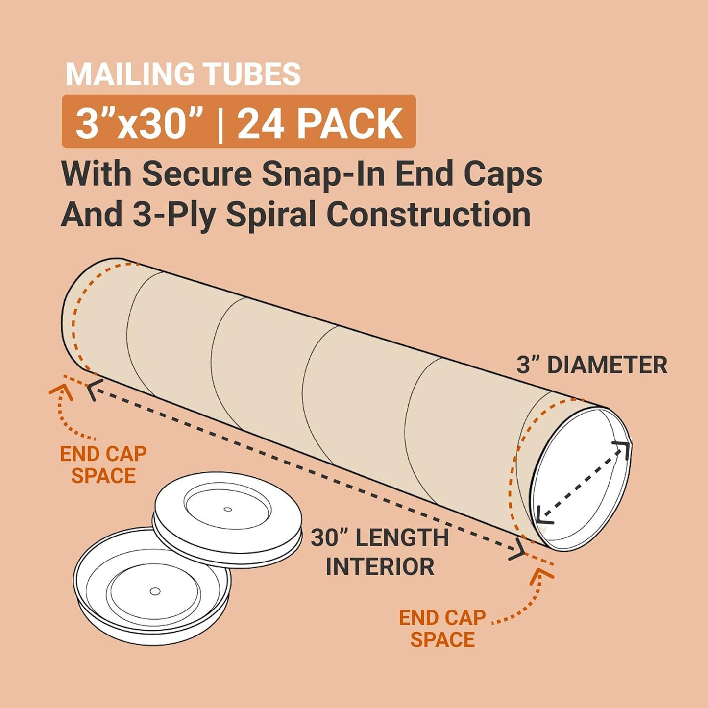 AVIDITI Cardboard Tubes with Caps, 30"L x 3"W x 3"H, Pack of 24 | Poster Tube for Mailing and Storage of Blueprints, Artwork, Crafts, Long Art Holder, 30 inches