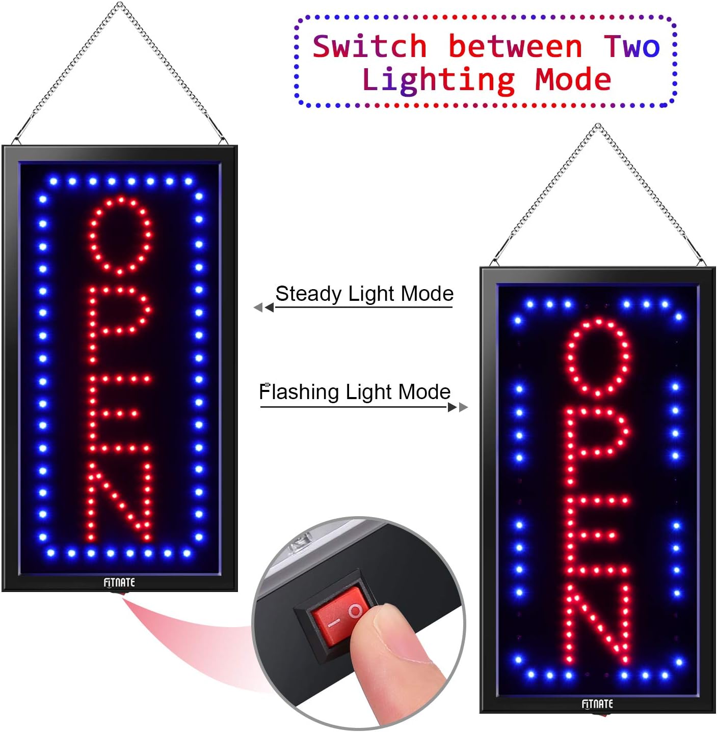 FITNATE LED Open Sign with Remote Control, Timing Function, Ultra Bright Vertical Light up Sign, Flashing & Steady Lighting Modes, Open Signs for Business Window, Wall, Bar, Hotel(19'' X 10'')