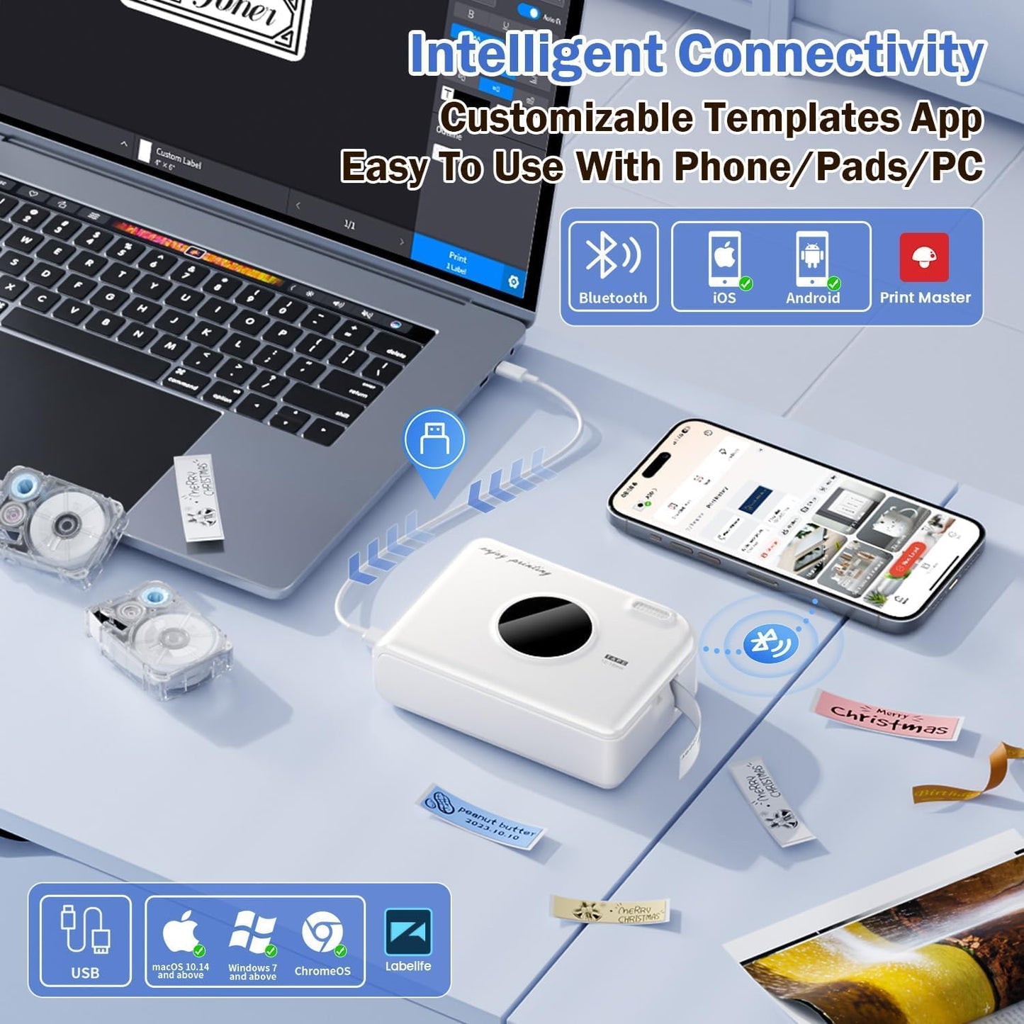 Phomemo A30 Label Maker, Mini Bluetooth Portable Rechargeable Label Maker Machine in/Out Door Use Without Fade Sticker for Home Office Small Business School, Works with Tablet, Phone & PC