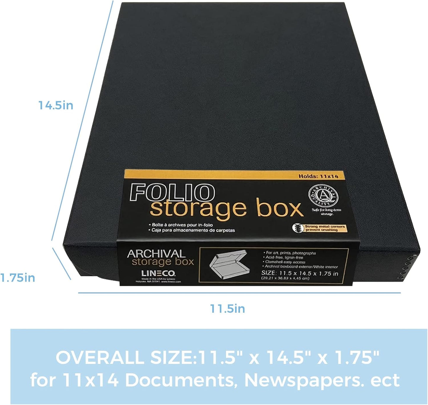 Lineco Folio Storage Box, Clamshell Design, 9.5x12.5x1.75 Inches, Archival Boxboard, Preserve Photos, Cards, Magazines, Documents, Art, Ephemera, Family Records, Black, Pack of 1