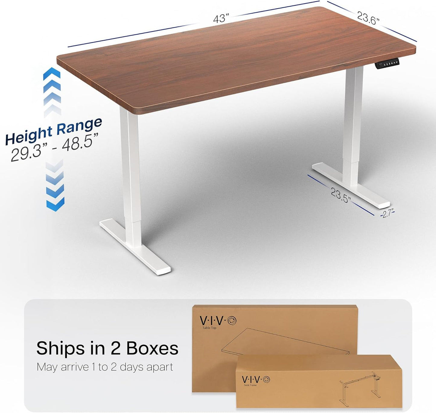 VIVO Electric 43 x 24 in Standing Desk, Memory Height Adjustment, 1B Series, One-Piece Dark Walnut Top, White Frame, DESK-KIT-1W4D