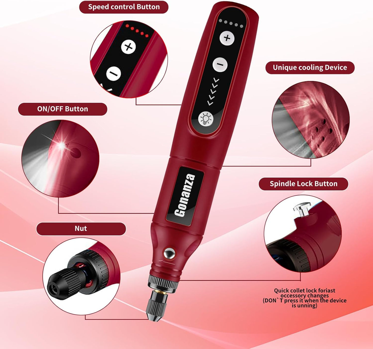 GONANZA Mini Cordless Rotary Tool Kit - 5-Speed, 3.7V Power Supply with LED Light 62 Accessories for Engraving, Sanding, Polishing, Type-C Rechargeable Perfect for DIY Crafts and Precision Work(Red)