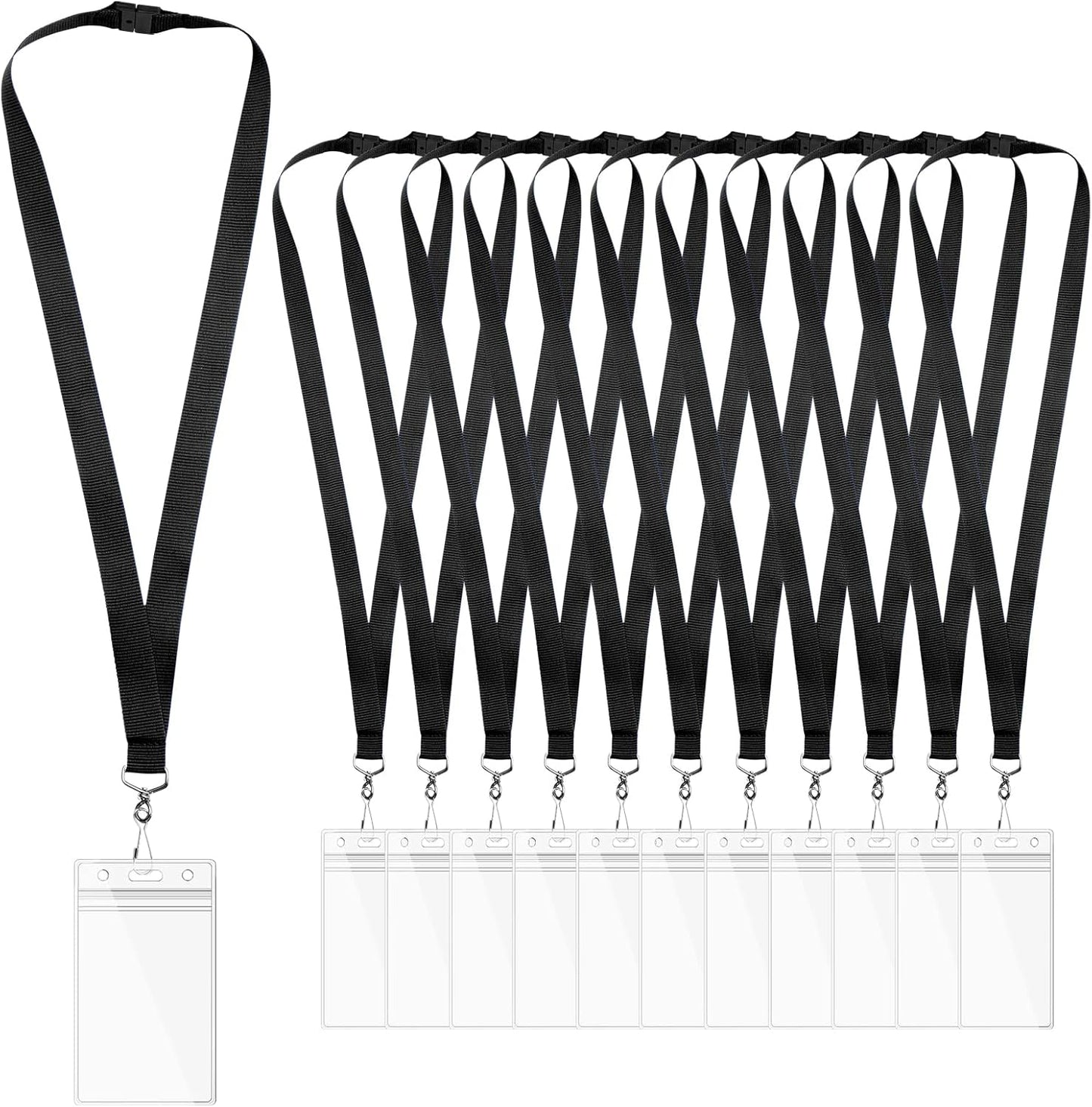 Breakaway Lanyards with Waterproof Badge Holders, Polyester Neck Straps for ID Cards, Events, Office, and Schools (12, Black)