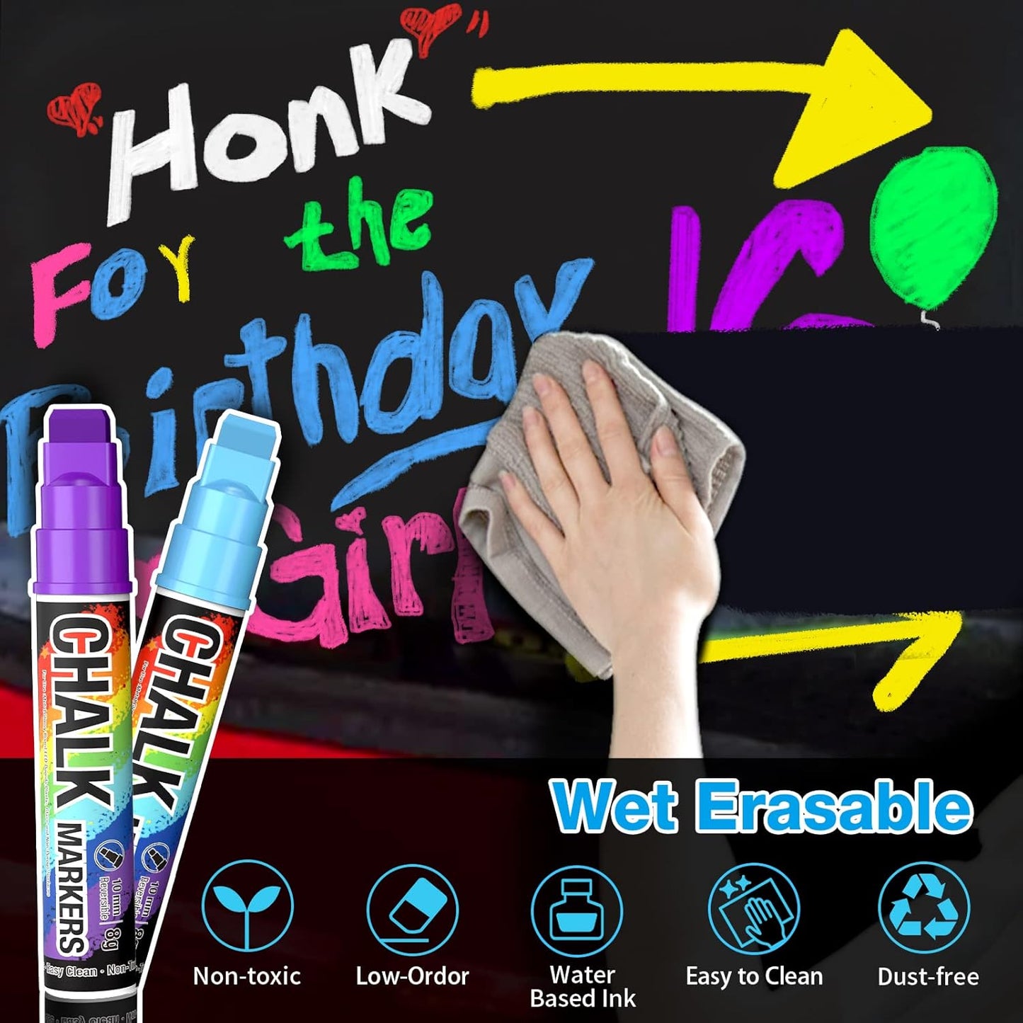 KERIFI Window Chalk Markers for Cars Washable: 10mm Jumbo Liquid Chalk Pens, Wet Erase for Auto Bistro Blackboard Glass Mirror Poster Windows Art Wedding Signs, Just Married Car Decorations (8 Colors)