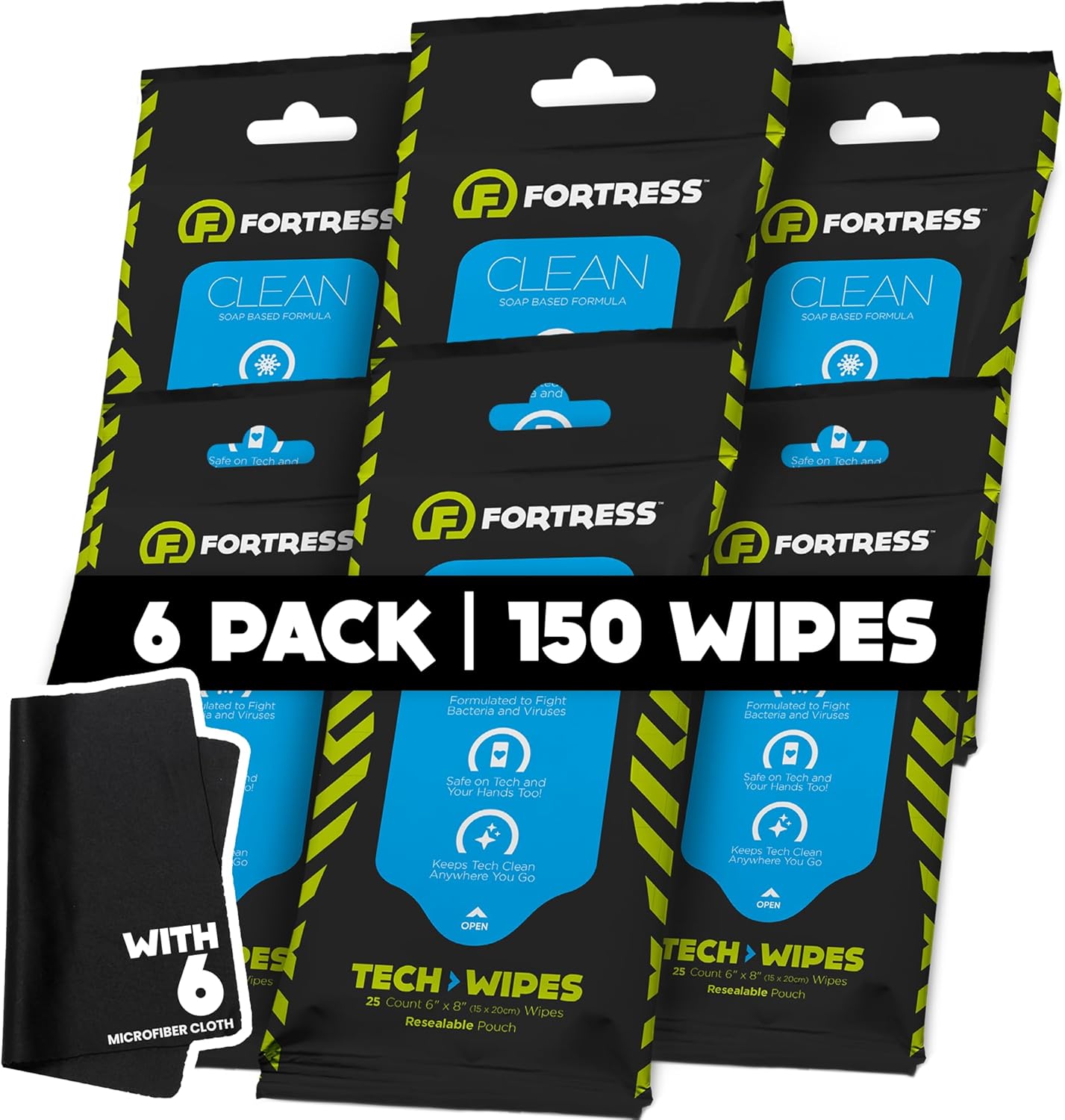 Fortress Electronic Wipes With Microfiber Cloth (25 ct, Pack of 6) To-Go Tech Wipes for Screens, Phones, Keyboards, TV Monitors, Computer Screens, and More [Travel Size] Skin-Safe