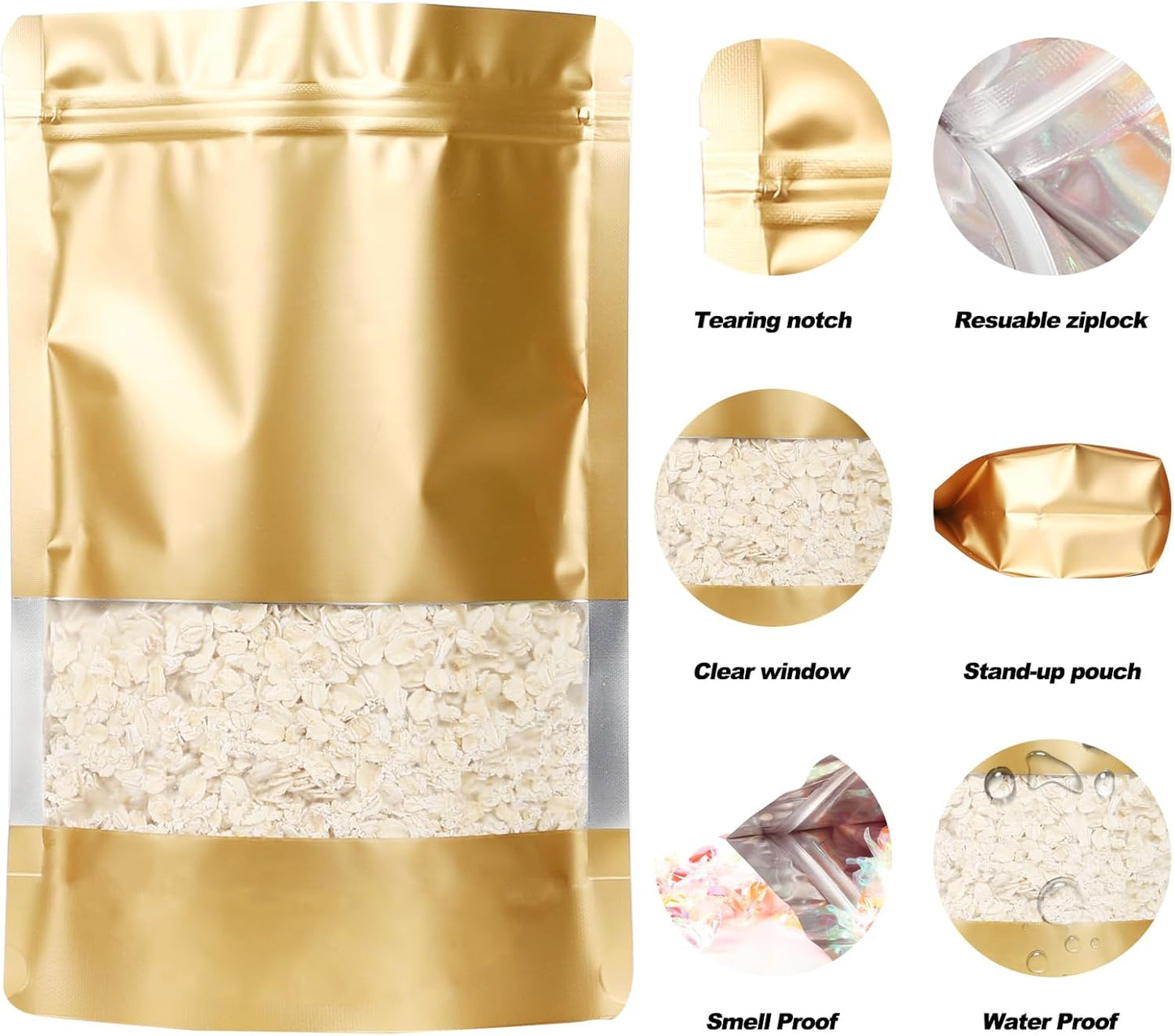 100 Pack Smell Proof Bags, Resealable Mylar Bags with Matte Window, Foil Pouch Stand-up Bags for Food Self Sealing Storage, Scratch Resistant Hand Storage Bags.(Gold, 4.7×7.9 Inch)