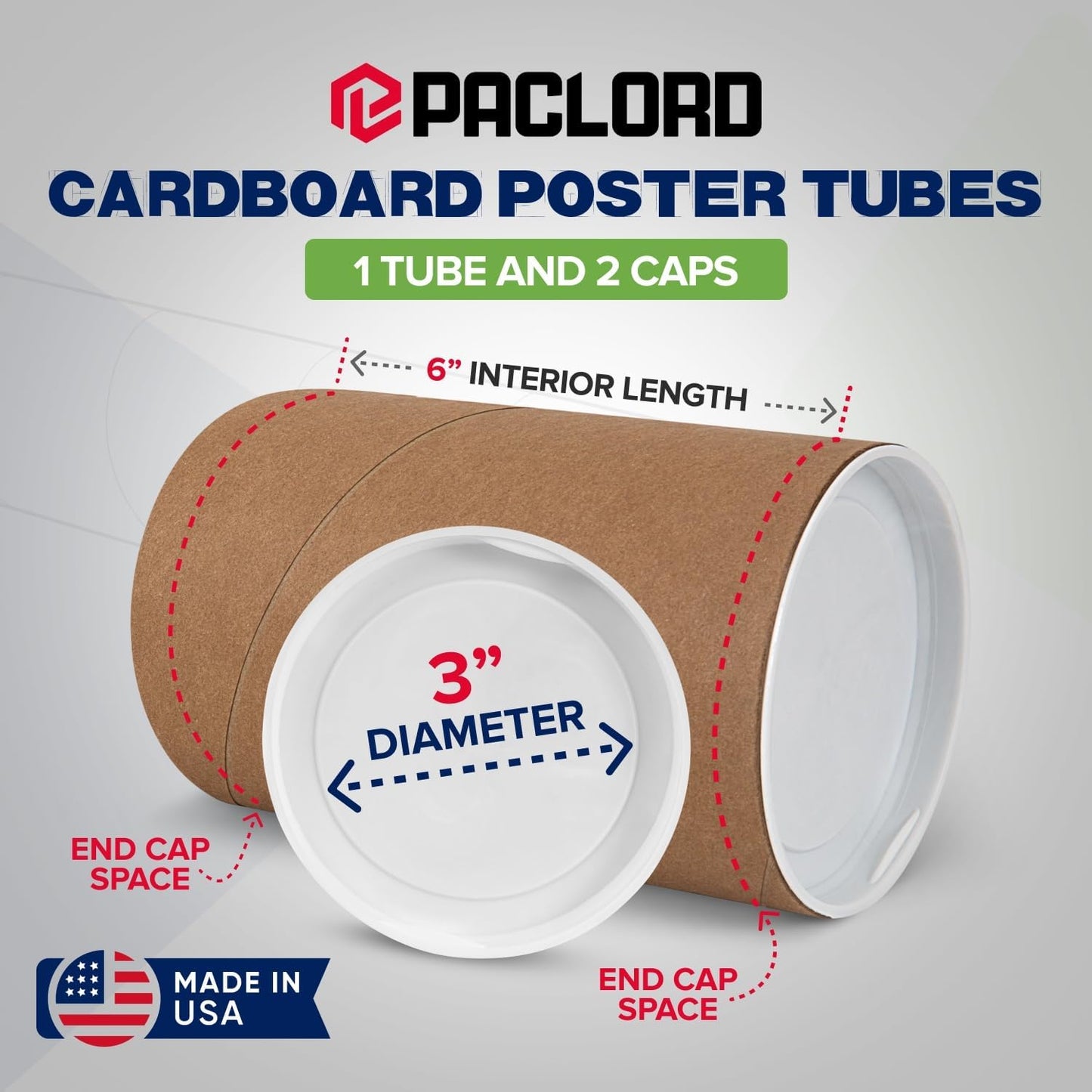 3" x 6" Reinforced Kraft Paper Mailing Tube, Pack of 1 Tube with 2 Caps – Secure USPS Approved Poster Tube – Cardboard Tube for Shipping and Storing Posters, Prints, Artwork, or Documents