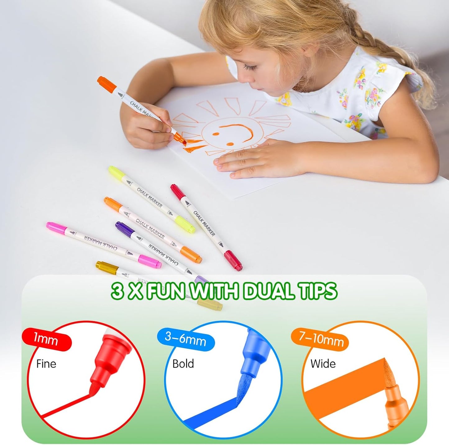 Liquid Chalk Markers Dual Tip - Wide Tip & Fine Tip, 12 Colors Washable Car Chalk Window Markers Pen for Auto Glass Mirror Poster First Day of School Sign Board, Stocking Stuffer for Teens Kids