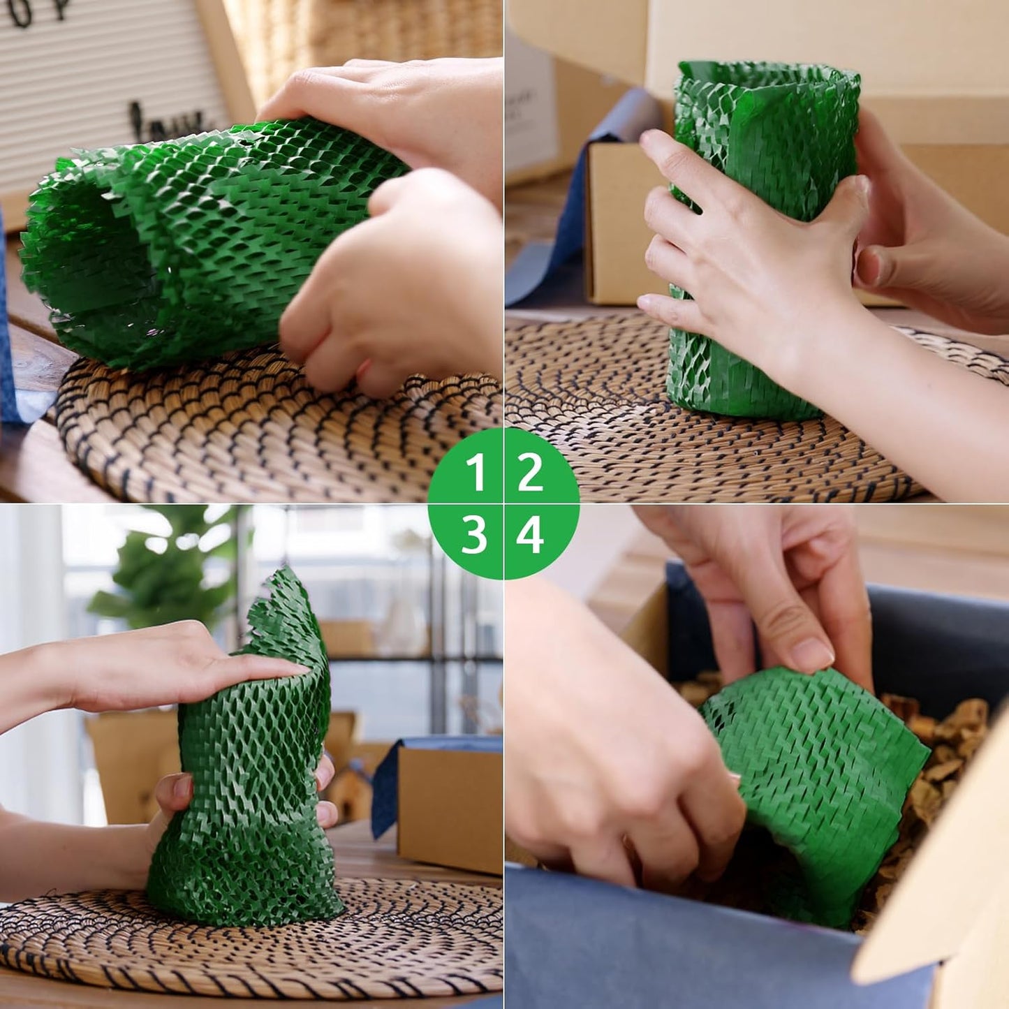 Honeycomb Packing Paper PINENUTS 15" x 131' Eco Friendly Packing Paper for Moving Recyclable Honeycomb Paper Bubble Paper Wrapping with 30 Fragile Sticker Labels and 66fthemp rope (Christmas green)