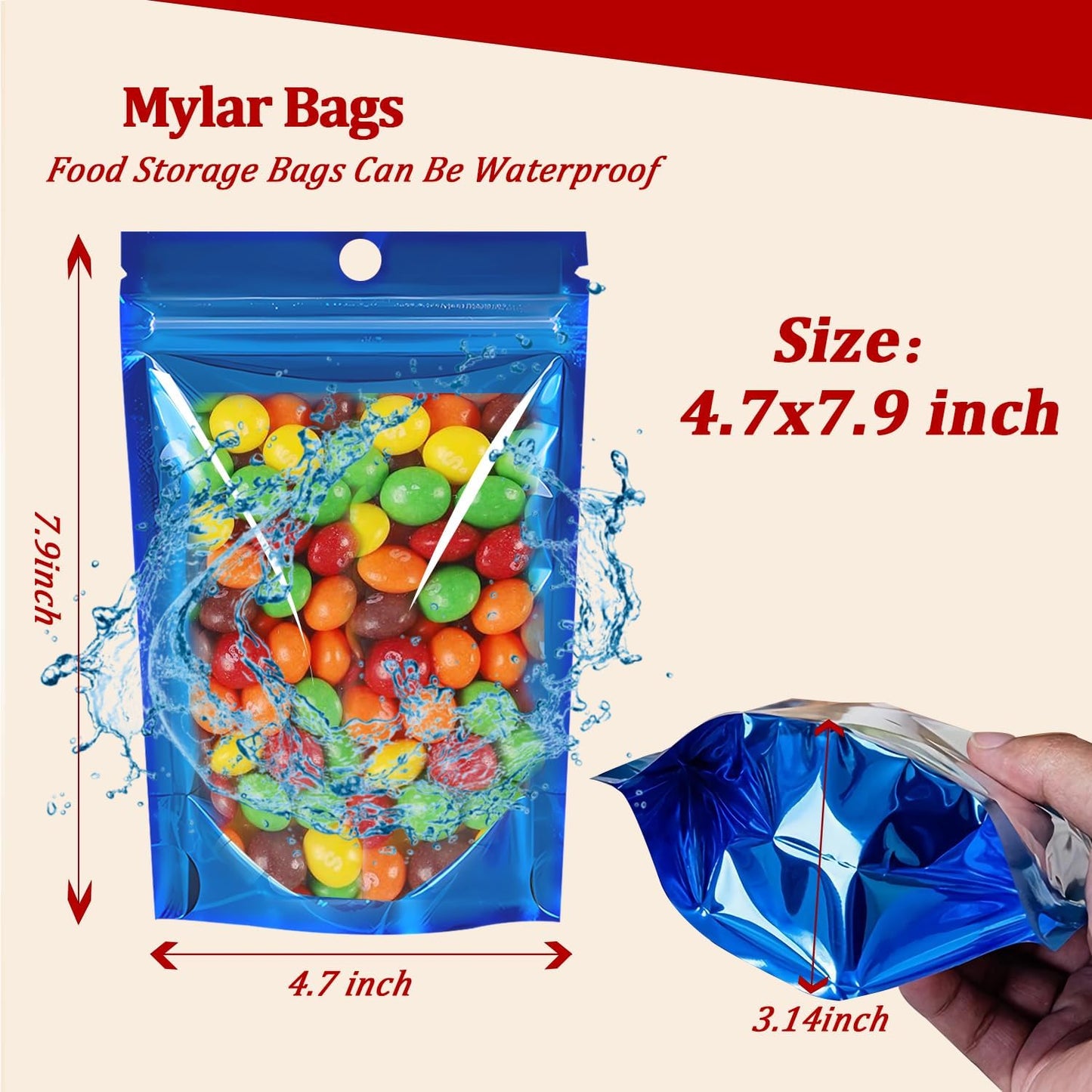 100 PCS Smell Proof Mylar Bags, Resealable Packaging Sealable Bags, Stand Up Aluminum Foil Pouch Bags with Clear Window for Food Storage, Jewelry,Cookie,Small Business Packaging(Blue 4.7x7.9inch)