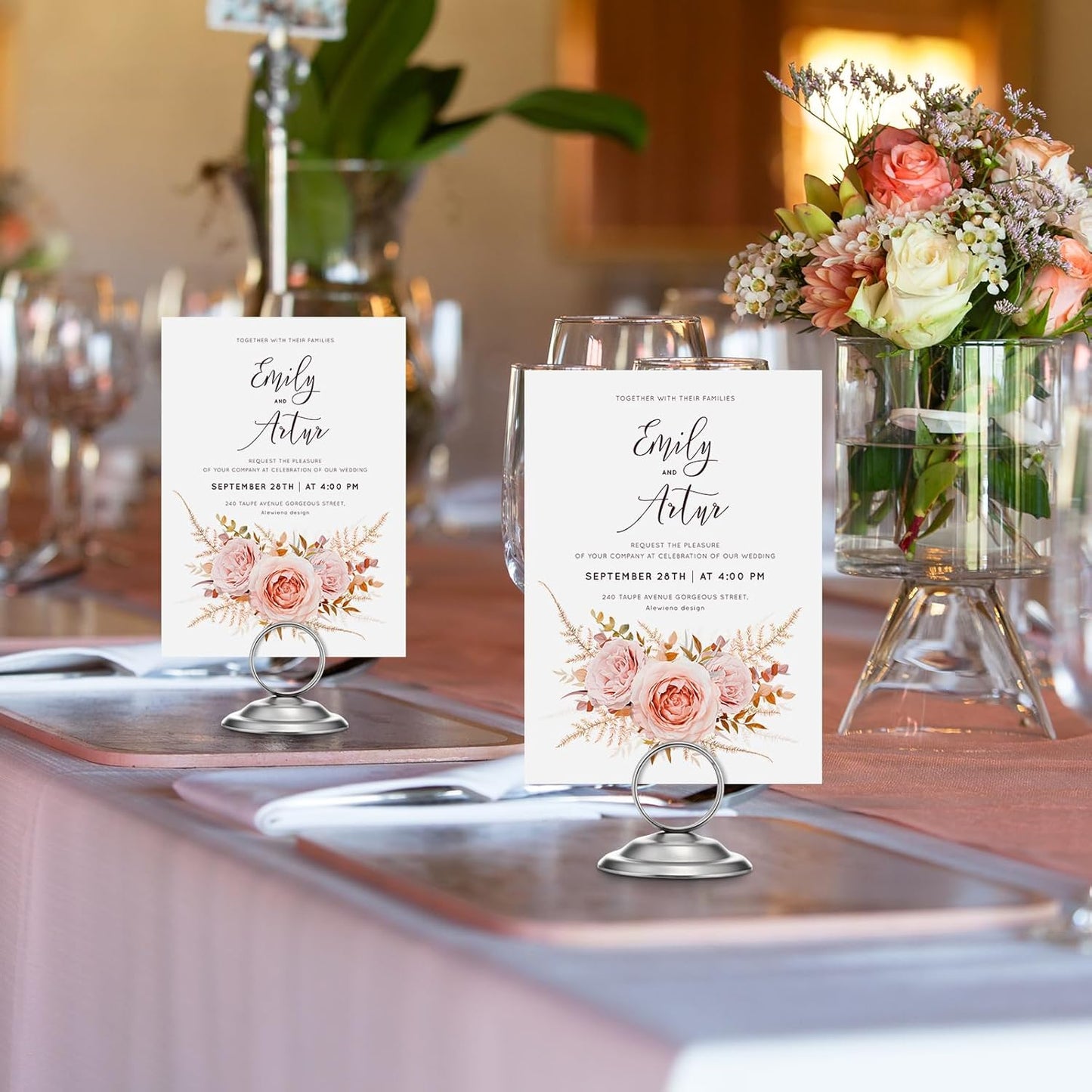 24 Pcs Table Number Holders Metal Place Card Holders Table Number Stands Tabletop Menu Sign Stands for Wedding Restaurant Recipe Banquet Birthday(Matte Nickel)