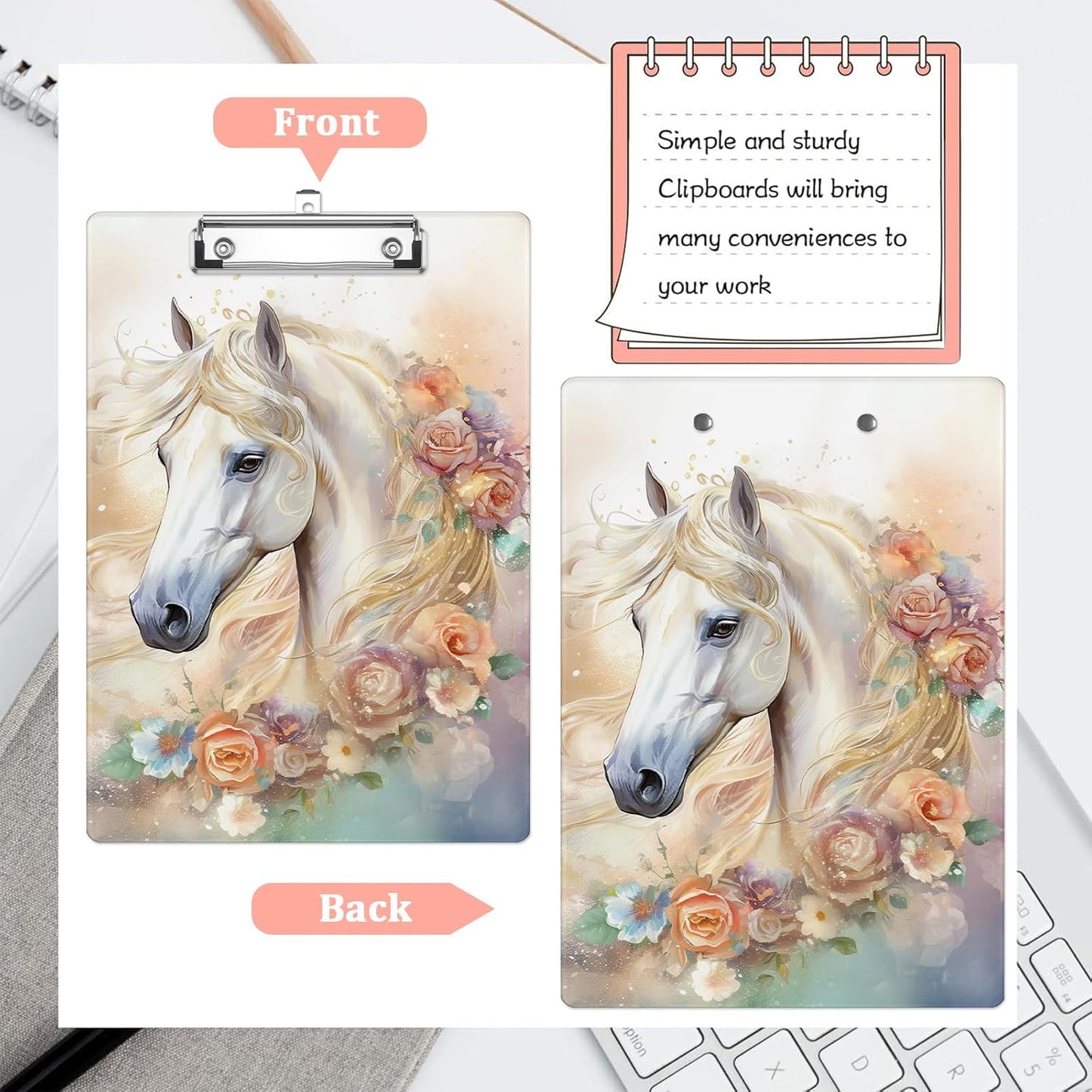 White Horse Plastic Clipboards,Cute Fashion Clipboard Decorative 8.5" x 12.5"Standard A4 Size Clipboards,Acrylic Clipboard for Teacher,Social Worker,Students,Nurse,Office Supplies