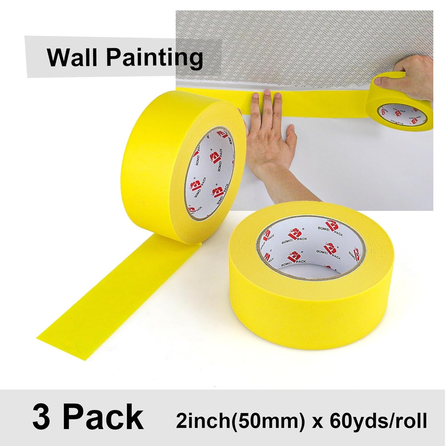 BOMEI PACK Yellow Painters Tape 2 inch Wide, Yellow Masking Tape 3 Rolls x 2 inch x 60 Yards (180 Total Yards) Residue-Free Painting Tape for Labeling, DIY Crafting, Decoration and School Projects
