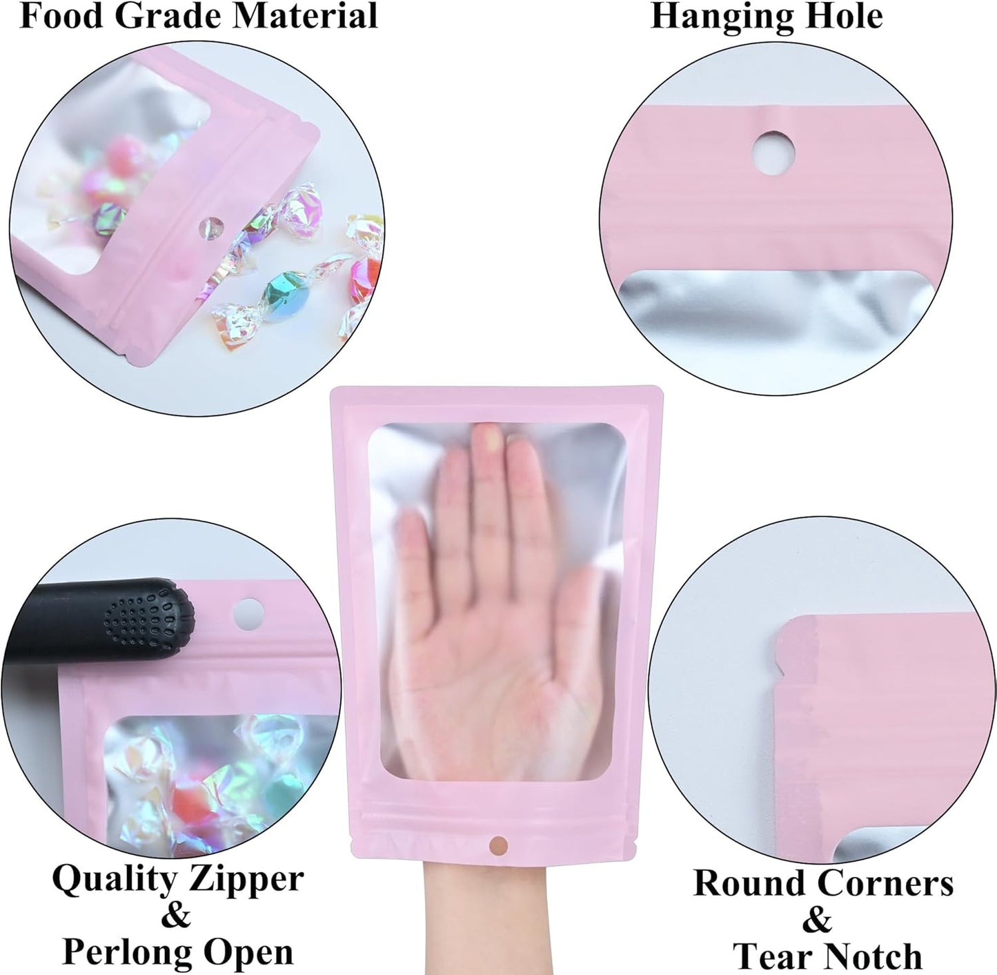 Resealable Mylar Pouch Bag Great for Office Home Party Favor Food Storage (100PCS, Pink Color, 4 x 6 inch)