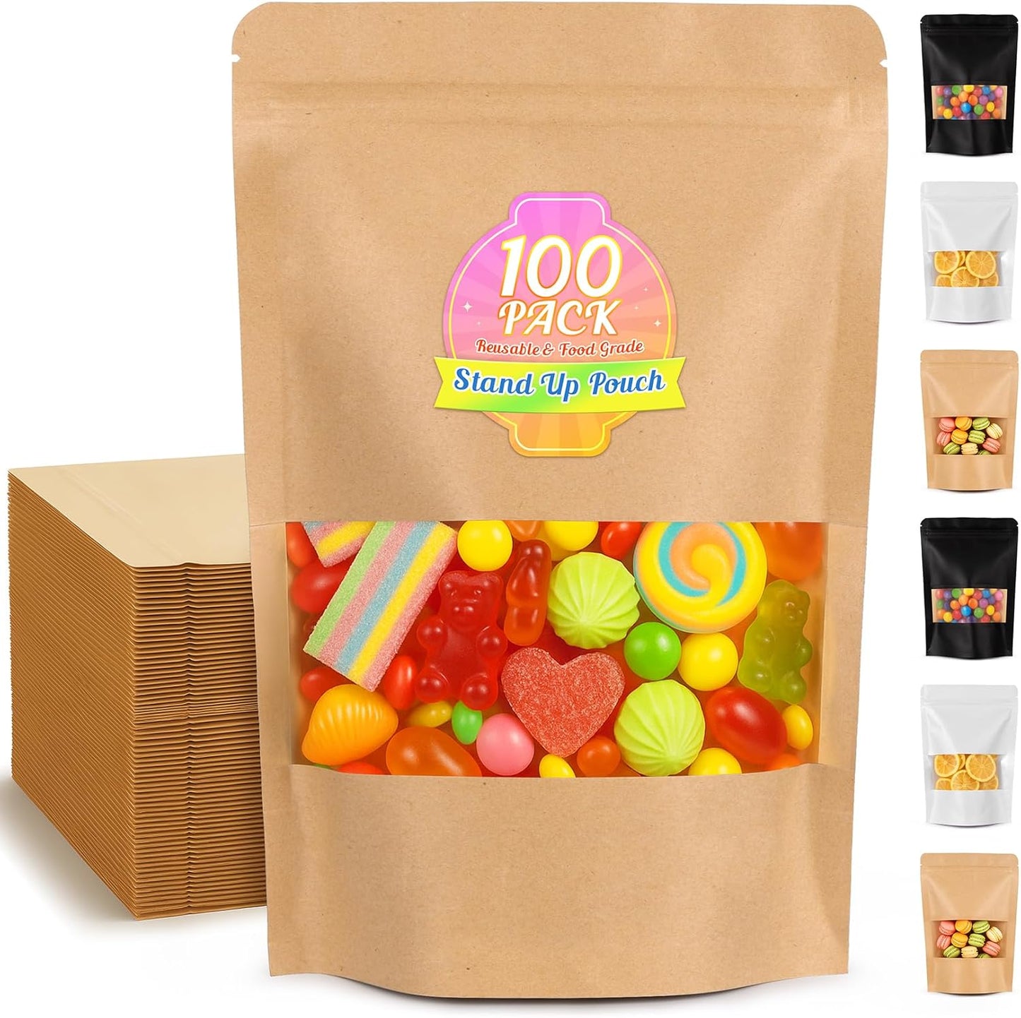 Smell Proof Bag, 100 Pack Mylar Bags for Small Business, Food Storage Bags with Window, Dog Treat Bag, Bakery Bags, Candy Packaging, Resealable Paper Stand Up Pouch (4.7"x7.9")