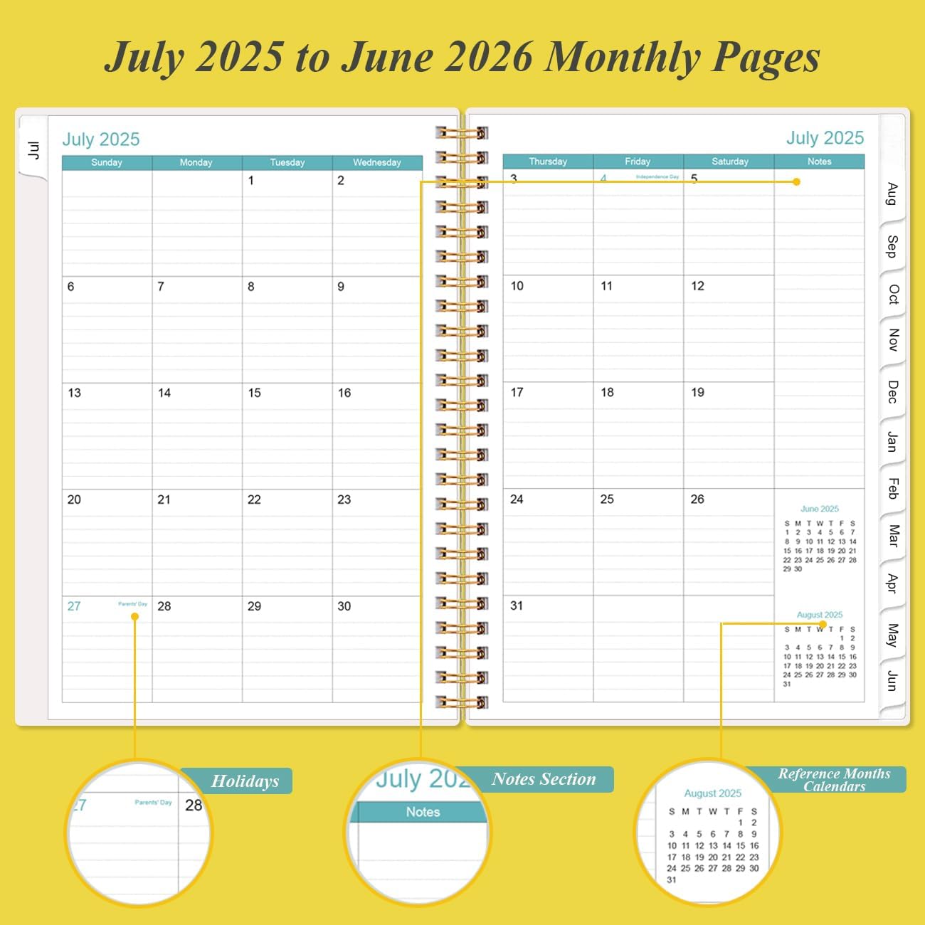 Planner 2025-2026 - A5 Weekly & Monthly Planner Spiral Bound, July 2025 - June 2026, Academic Planner 2025-2026 with Flexible Cover, Tabs, Inner Pocket, 6.4" x 8.5", Yellow