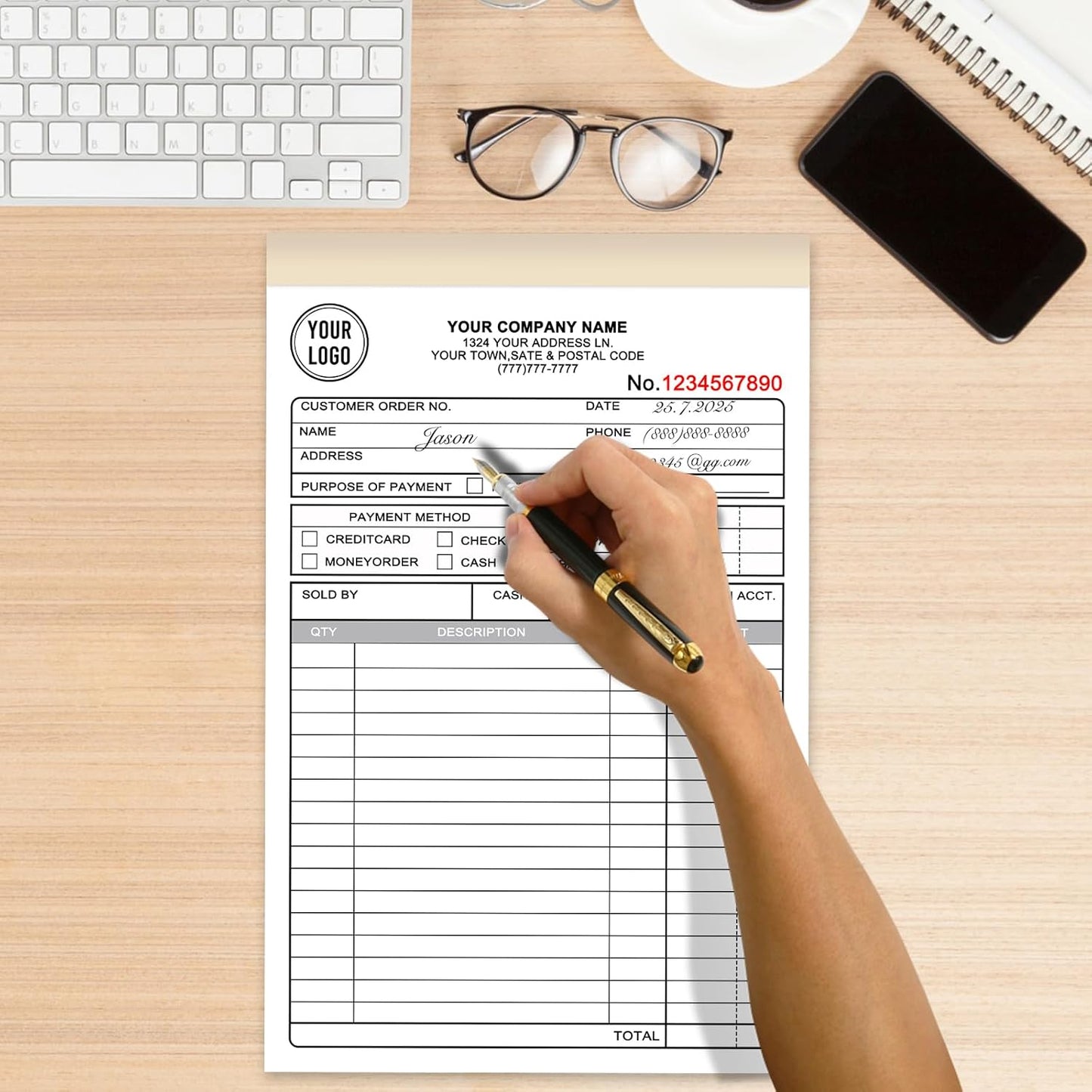 Custom Invoice Book for Small Business,2.8 x7 Inches Invoice Receipt Book, 3-Part Carbonless Forms, Personalized Company Name, Address, Phone Number
