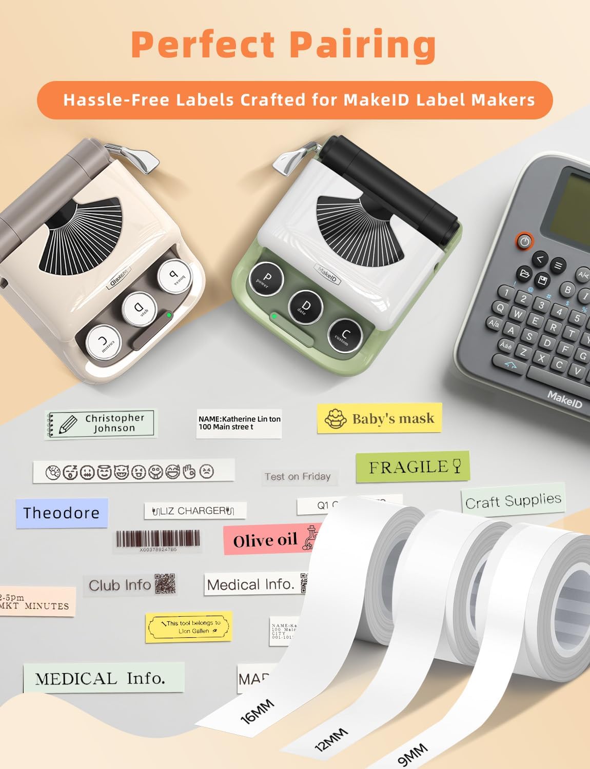 MakeID E1 Q1 Label Maker Tape Refills, 3-Roll 16mm x 4m (0.63" x 13') Continuous Consumables Thermal Laminated Office Labeling Tape Replacement