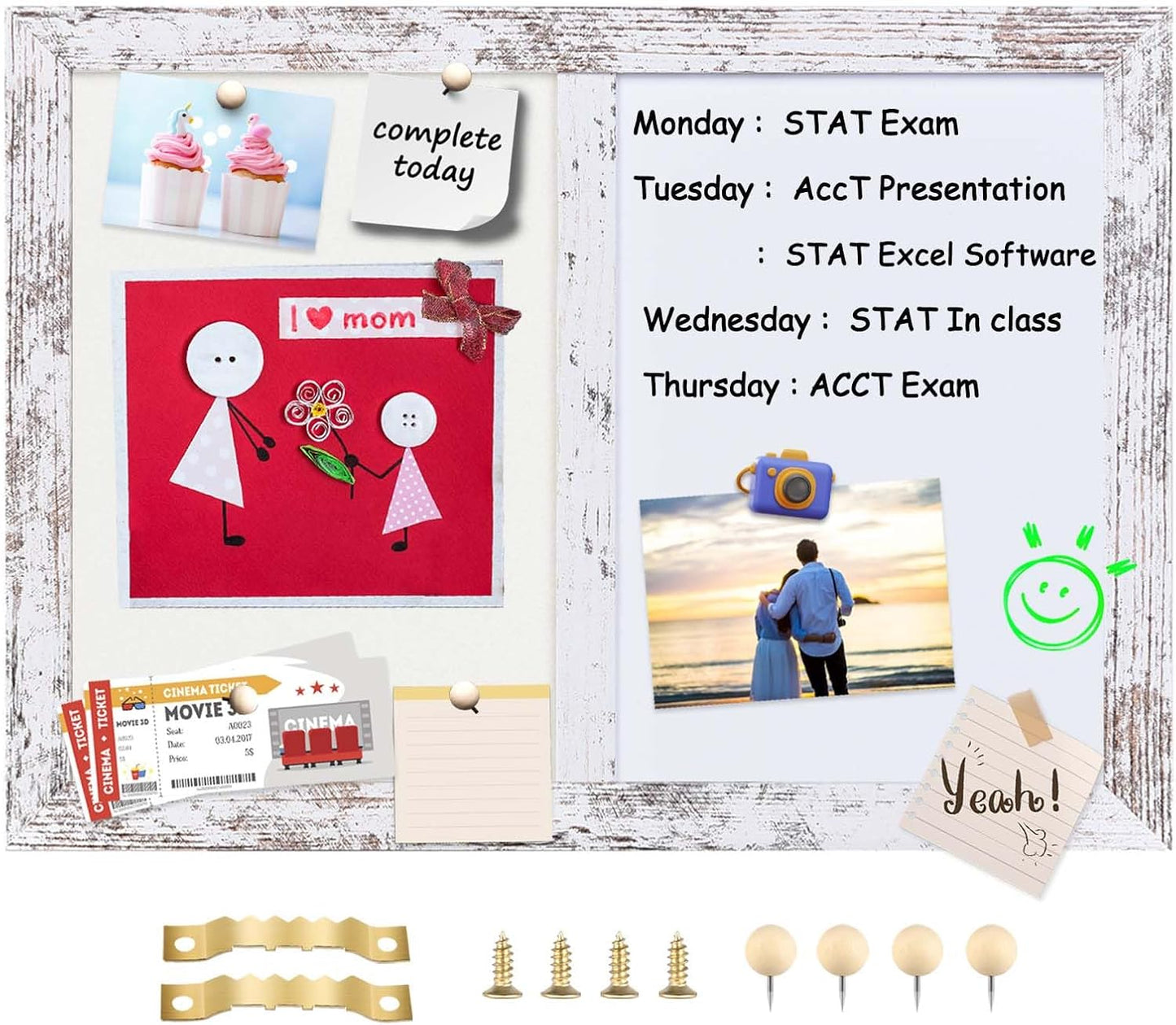 Bulletin Board Whiteboard White Felt Board Combo for Office School Kitchen Bedroom, White Wood Frame,10.2"*14.2",Whiteboard+WH-2636WH