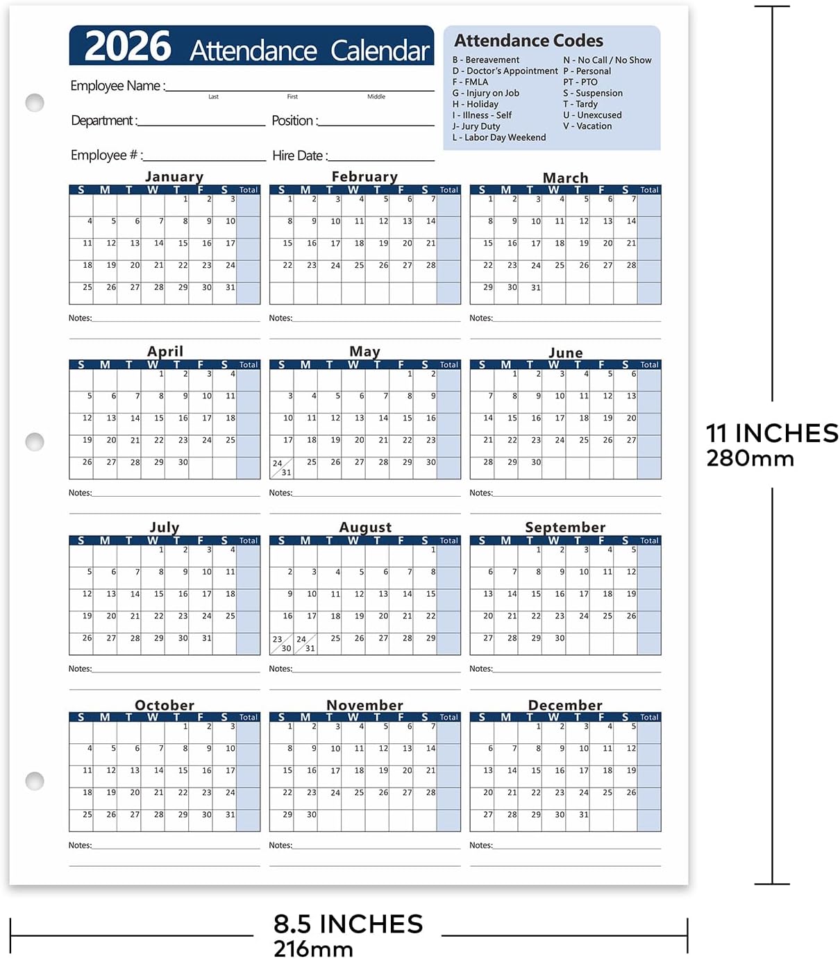 2026 Attendance Calendar (Pack of 25 Sheets) Employee Work Tracker Attendance Calendar Cards - Each sheet 8.5 X 11 100lb CardStock paper Make (25 sheets-Blue)