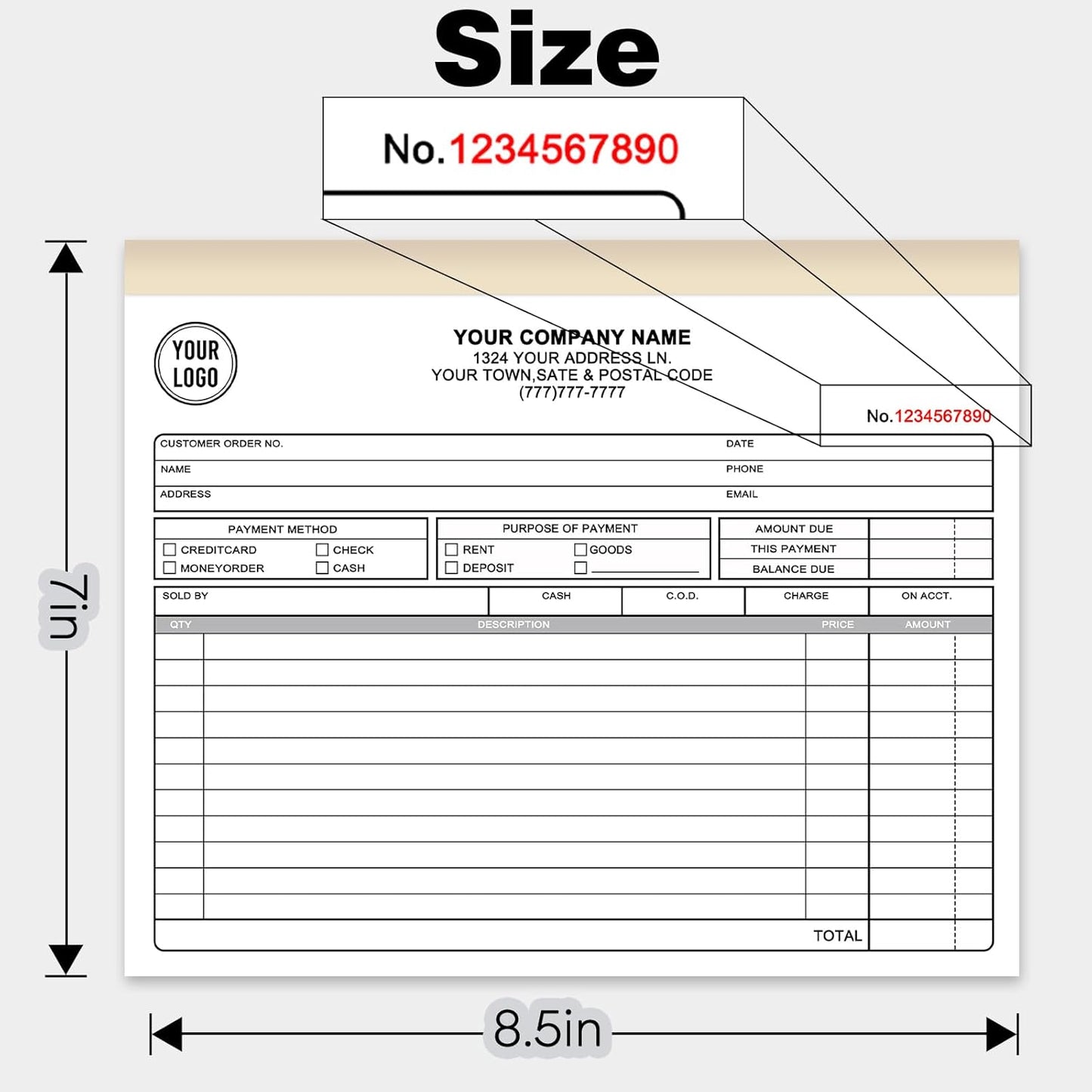 Custom Invoice Receipt Book for Small Business 8.5x7" Personalized 3-Part Contractor Duplicate Carbonless Sales Forms with Company Name Address Phone Number 150 Sets