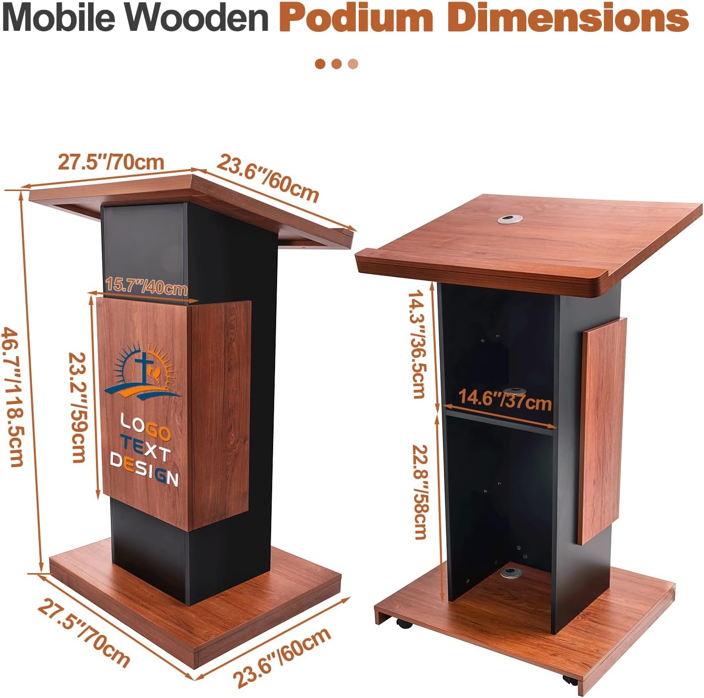 47" Customized Wood Podium Stand with Personalized Text Upload Your Logo, Wood Portable Lectern Churches with Wire Hole, Pulpits Stand with Storage for Churches, Office, School Conference Restaurant