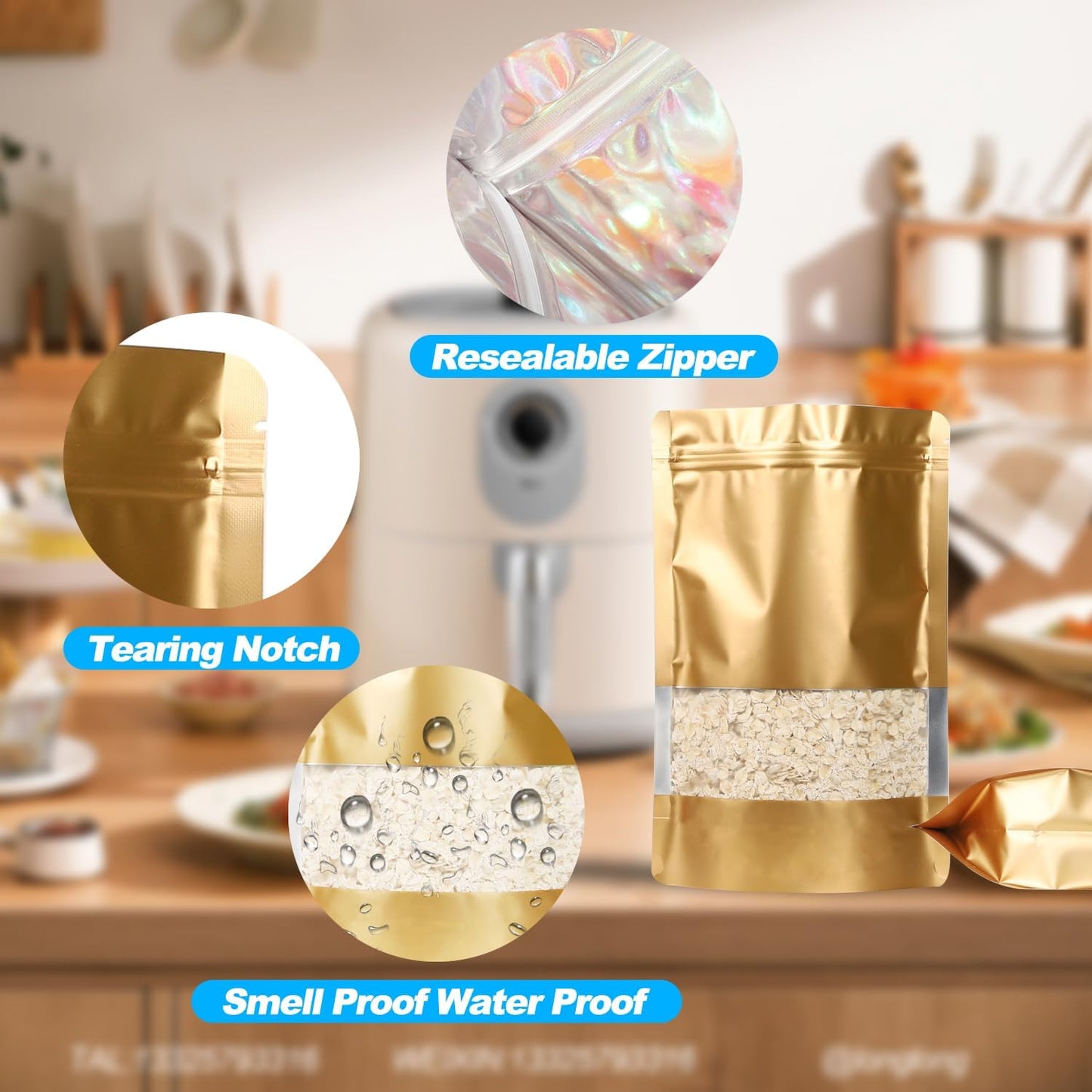 100 Pack Smell Proof Bags, Resealable Mylar Bags with Matte Window, Foil Pouch Stand-up Bags for Food Self Sealing Storage, Scratch Resistant Hand Storage Bags. (Gold, 6.3×9.4 Inch)