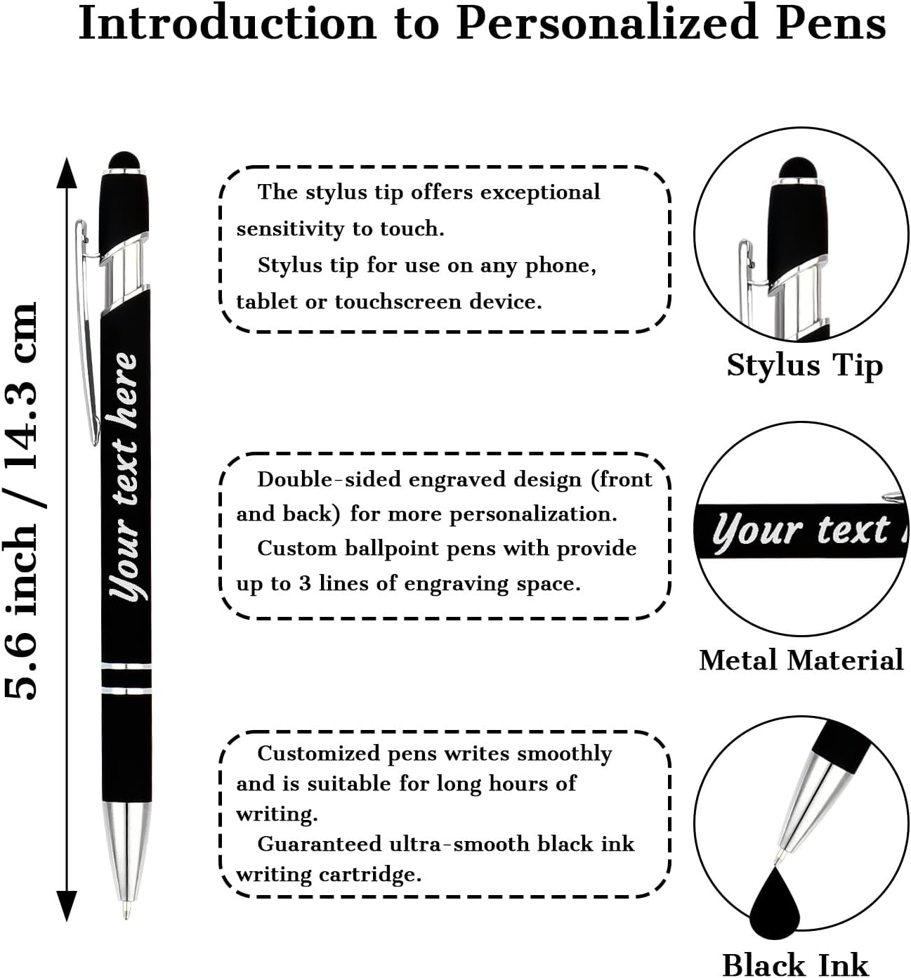 Personalized Pens with Name Logo or Message, Up to 1200 pcs Bulk Custom Metal Ballpoint Pen with Black Ink Customized Gift for Business, Graduation and Promotions (Black)