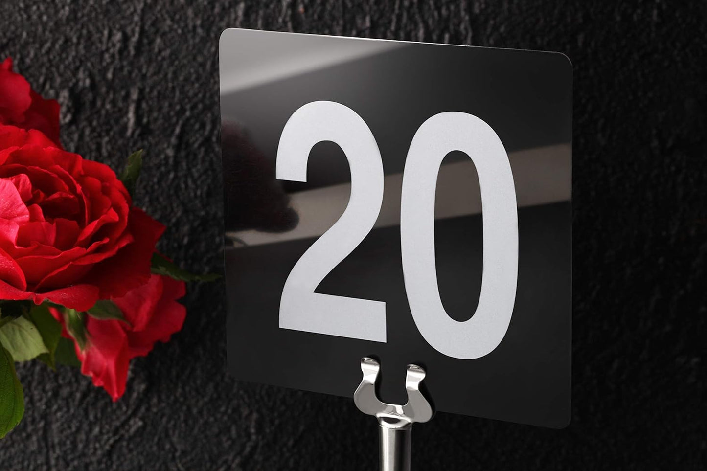 New Star Foodservice 23145 Double Side Plastic Table Numbers, 1 to 25, 4" x 4", Light Grey on Black