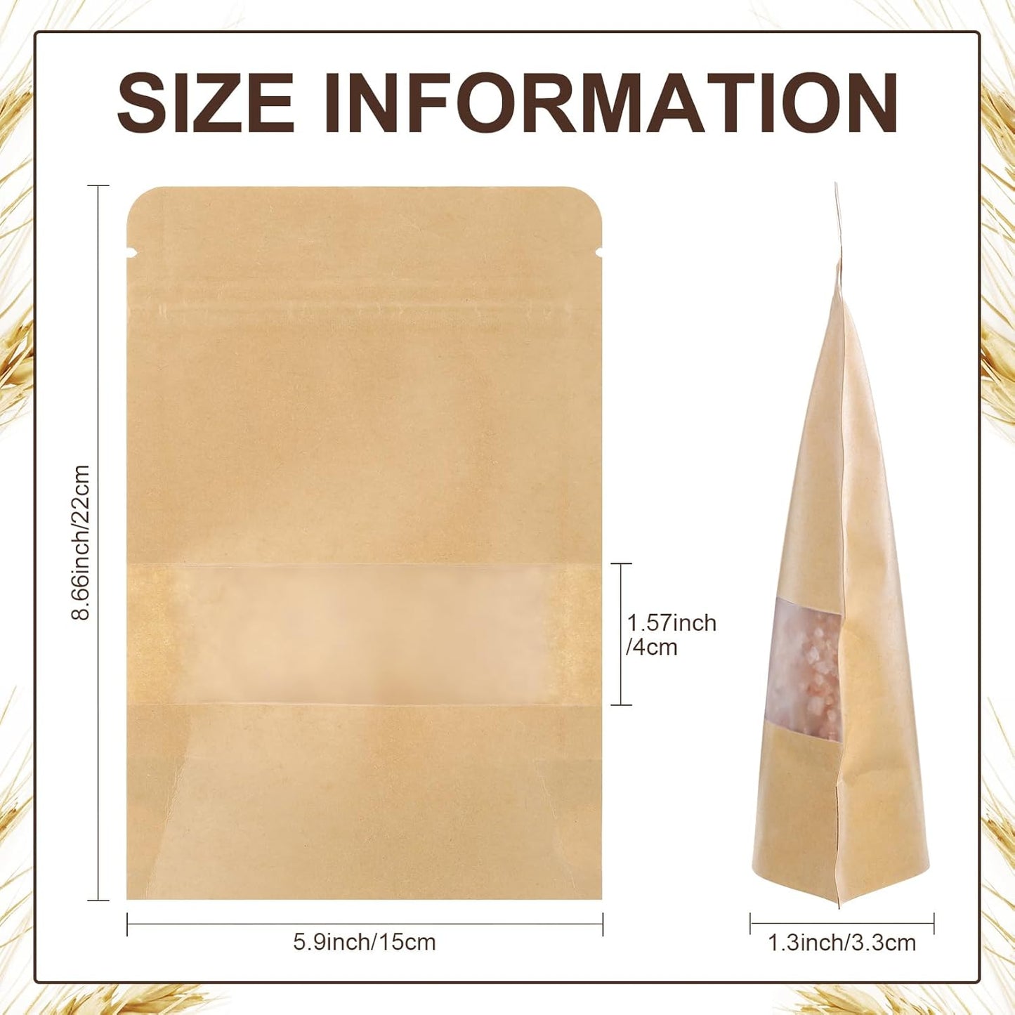 Geosar 300 pcs Kraft Bags with Window 6 x 9 Inch Kraft Stand Pouches Bulk Zipper Paper Pouches Food Storage Reusable Heat Sealable Bags for Packaging Home Office Business