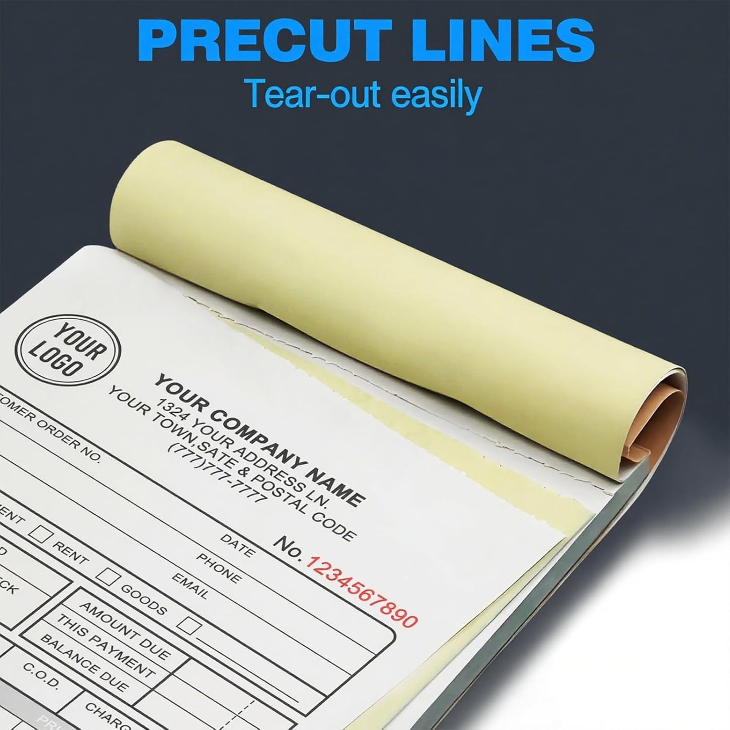 Custom Sales Invoice Personalized Carbonless NCR Forms with Company Name/Logo Personalized Invoice, Receipt Book, Work Sales Purchase Orders, Estimates, Quote Forms 7" x 2.83" - 3 Part(150 Sets)