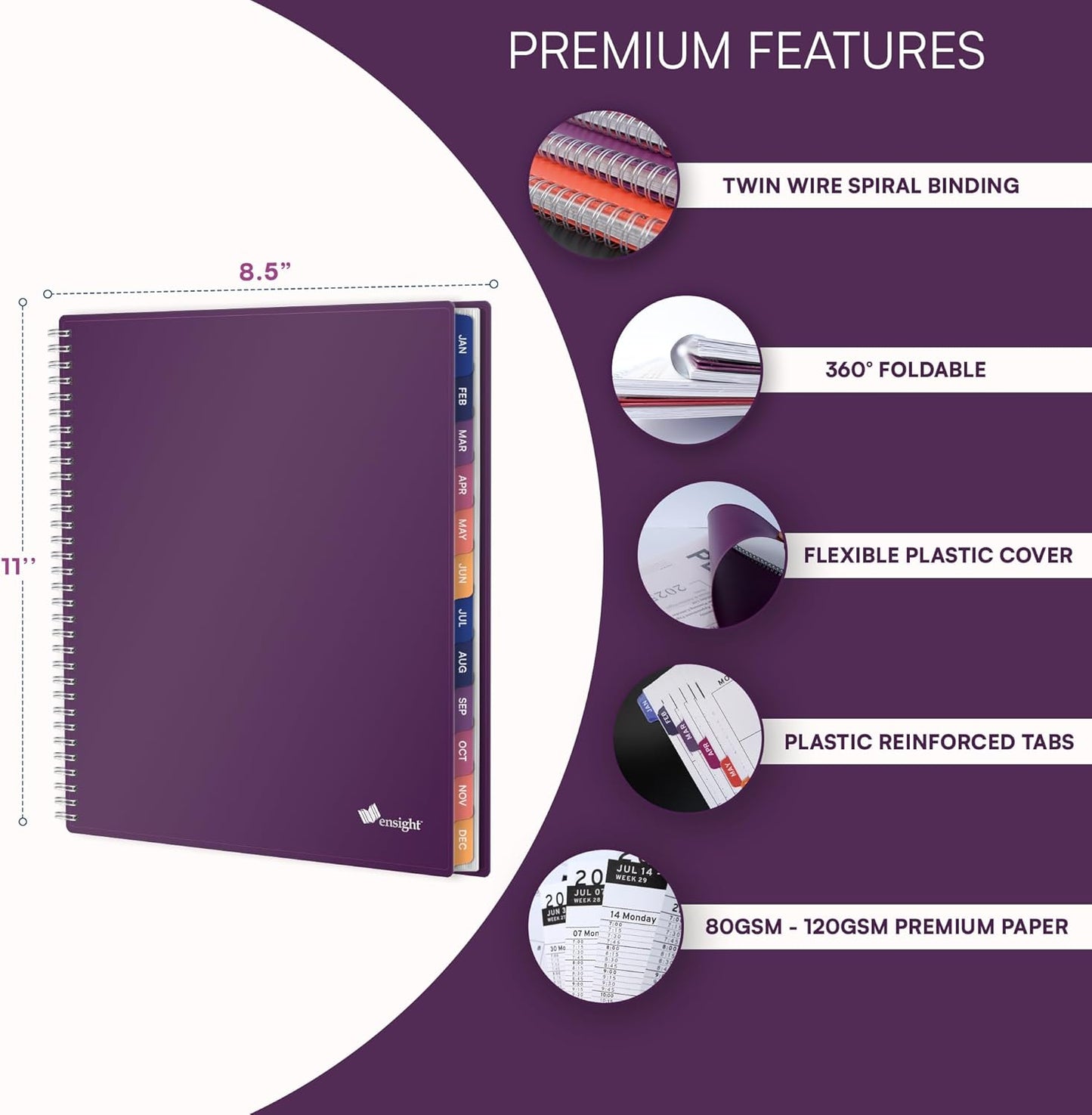 Ensight 2026 Appointment Book & Planner Ensight 8.5 x 11 inches Large Tabbed Daily Hourly Weekly Planner Schedule Book 15 Minute time Slots Business & Personal Planner Jan 2026 Dec 2026 Purple