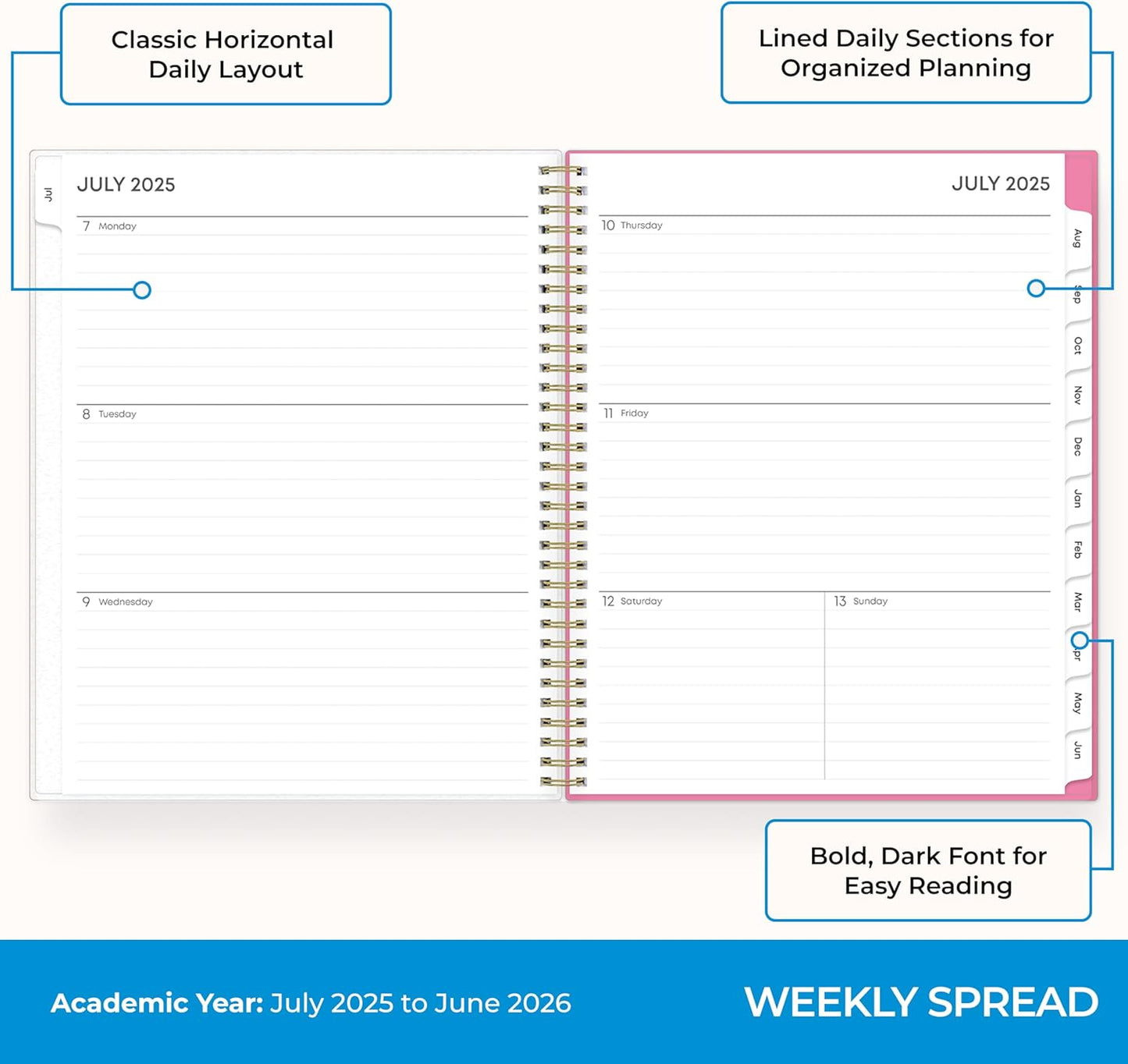 Blue Sky 2025-2026 Weekly and Monthly Academic Year Planner Calendar, July 2025 - June 2026, 8.5" x 11", Flexible Cover, Wirebound, Storage Pocket, Laminated Tabs, Roosevelt Pink