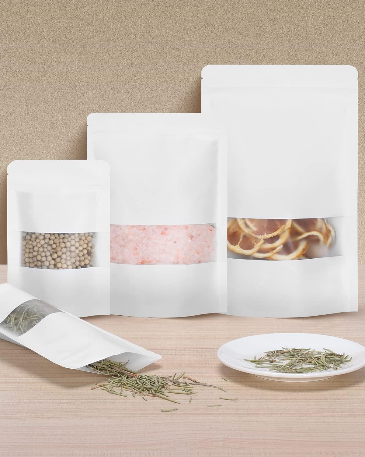 50pcs Kraft Bags with Window 3.5x5.5 Inches White Reusable Sealable Zip Lock Food Storage Stand up Paper Pouches for Home or Business