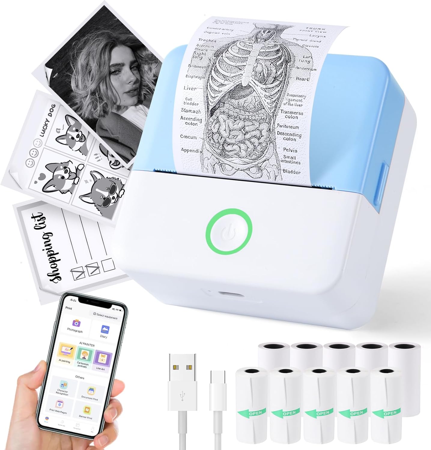 Print Pods Mini Printer, Thermal Inkless Sticker Maker with 10 Rolls Printing Paper, Pocket Printpod for phone, Impresora Portátil for Notes, Flashcards, Journal, DIY, Compatible with iOS & Android