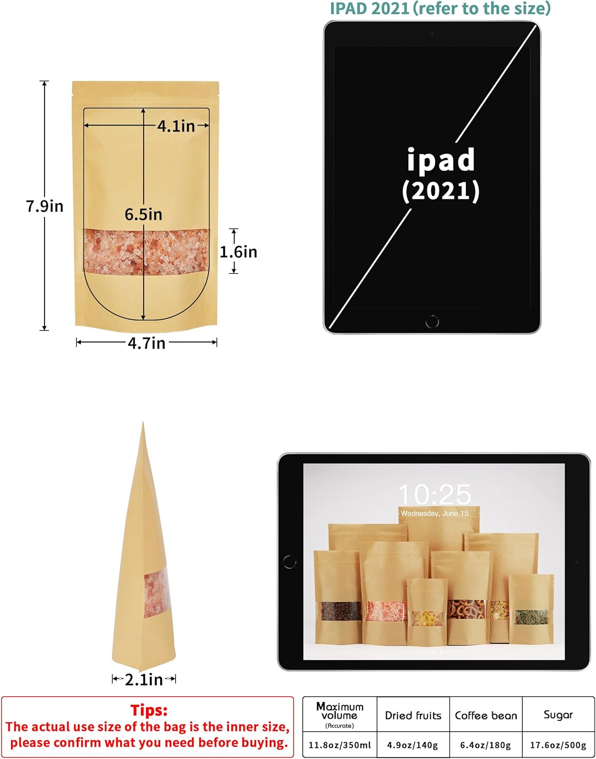 FireKylin 100 Pcs Brown Paper Bags with Window, 4.7" x 7.9" Stand Up Pouches, Zipper Food Storage Bags for Packaging Products, Reusable, Sealable