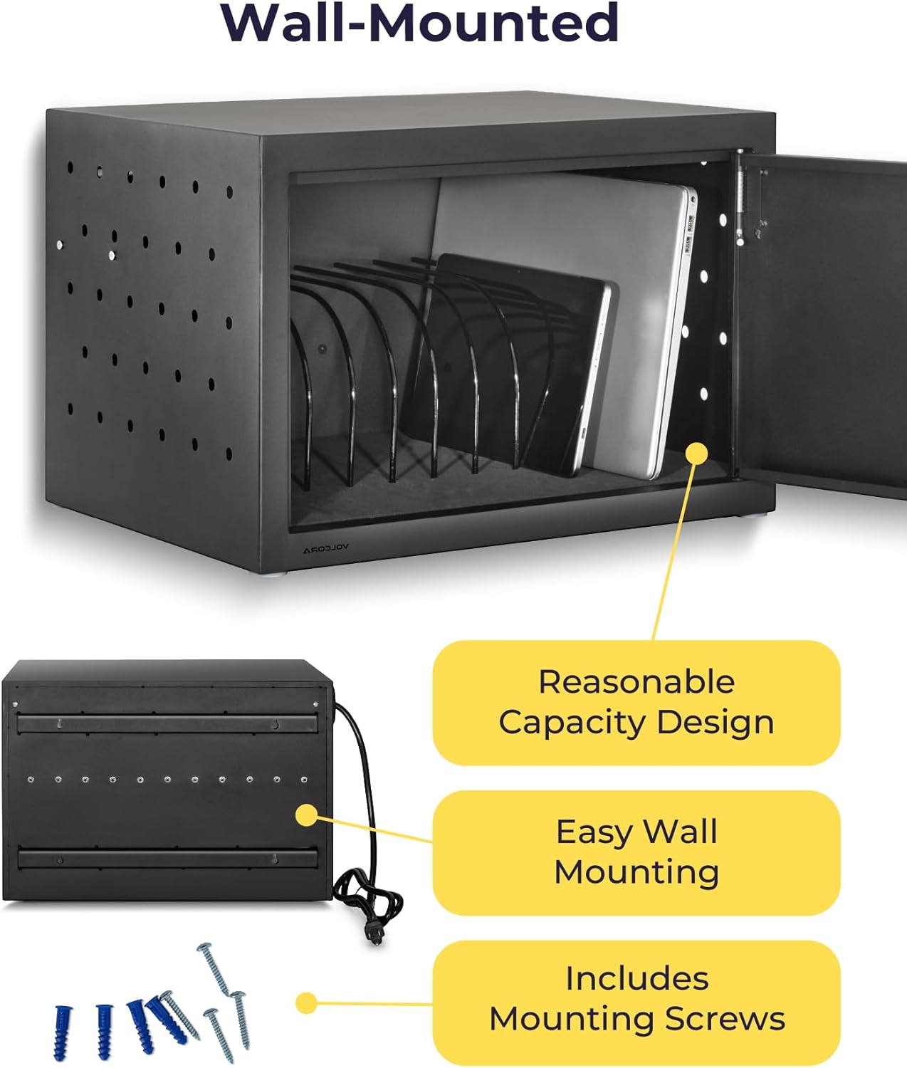 Volcora 12 Device Charging Cabinet for Laptop, Tablet, Chromebook, iPad, Wall Mounted Locking Charging Station with Keys, Surge Protection, Cable Management for Classroom, School Supplies, Black