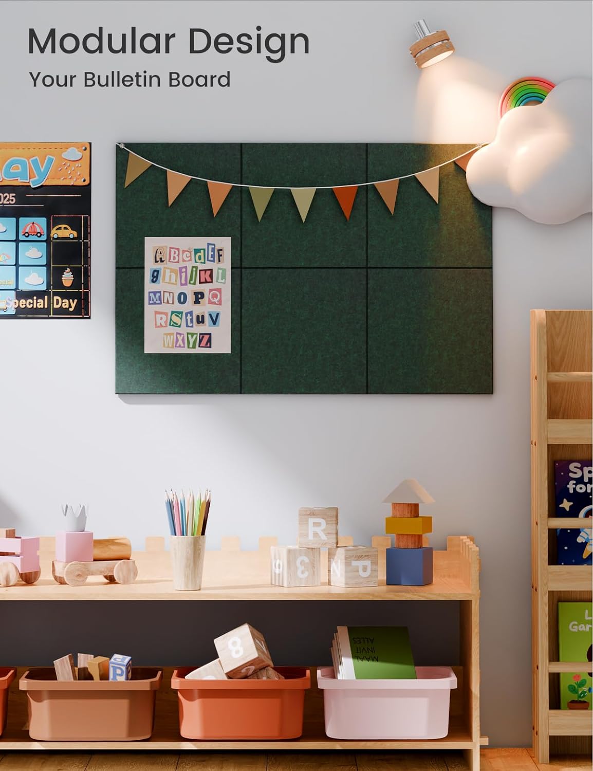 Felt Bulletin Board Tiles -28"x18" Cork Board Alternative for Office Decor, Push Pin Board Wall Organizer 6-Pack -Aurora Green