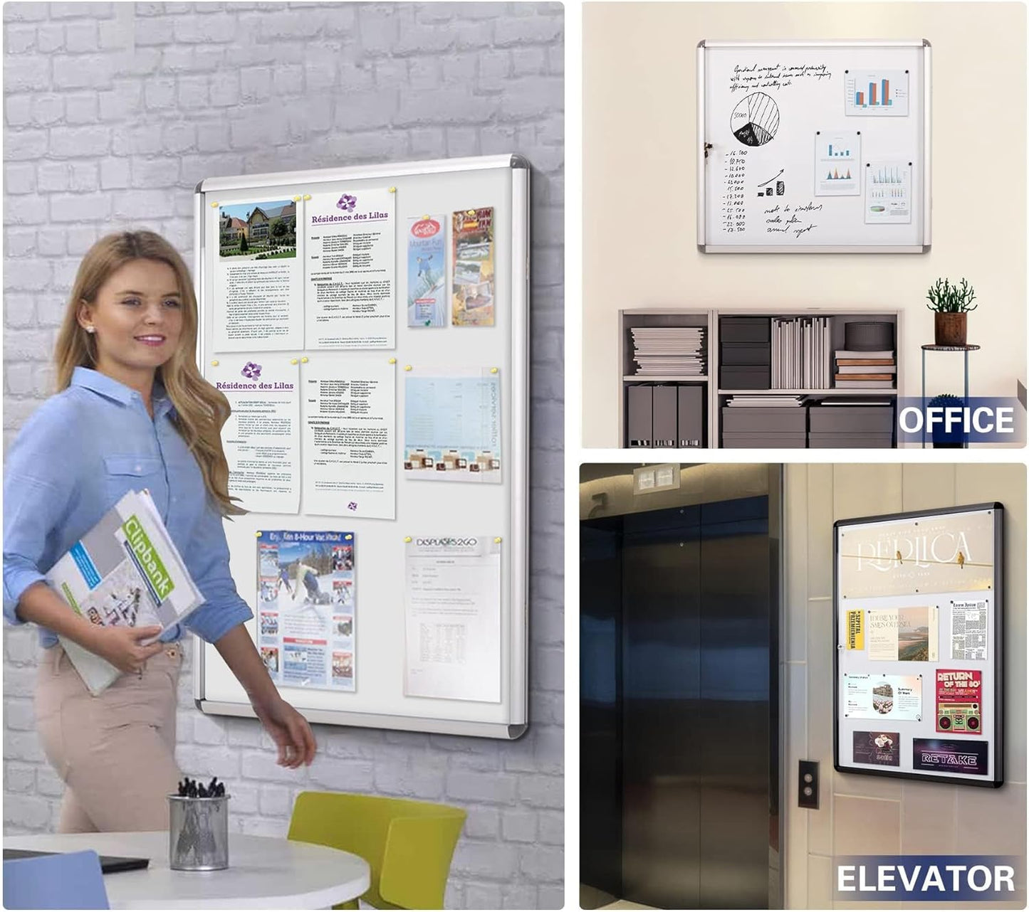 SWANCROWN Enclosed Bulletin Board Magnetic Dry Erase Noticeboard Lockable Display Boards White with Aluminium Frame 26x20inch(4xA4)