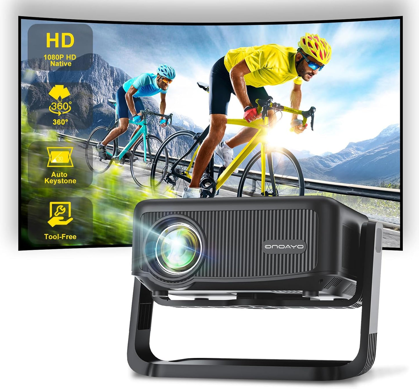 [360°Adjustable Stand] Mini Projector with WiFi and Bluetooth: Electric Focus & Auto Keystone 1080P 500 ANSI Bluetooth Projector, ONOAYO AY3 Portable Movie Phone Projector for Home Upgrade Black