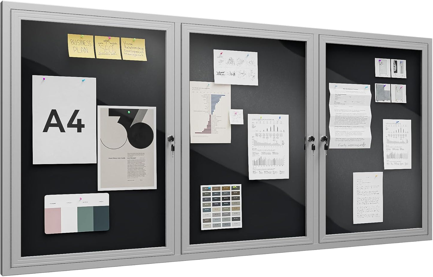 72"x36" Lockable Enclosed Bulletin Board, Outdoor Flet Weather-Resistant Aluminum Frame Notice Board, Wall Mounted Display Case Acrylic Doors for School,Office,Silver Frame w/Black Flet