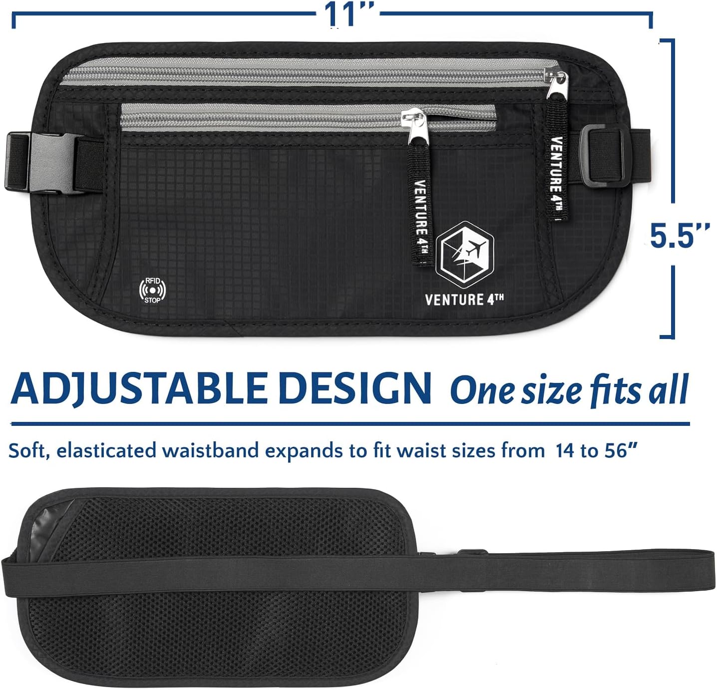 VENTURE 4TH Travel Money Belt - Slim Passport Holder RFID Blocking Travel Pouch to Protect Cash, Credit Cards and Travel Documents (Black)