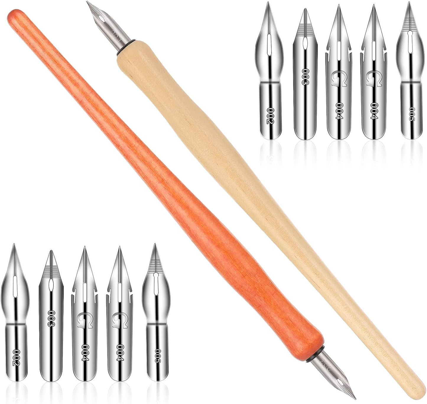 Bewudy 10 PCS Oblique Calligraphy Dip Pen Set, Comic Pen Nib Set, Fluid Writer Pen, with 8 Pieces Stainless Steel Pen Replacement Nibs Nib for Writing Painting Signing and Sketch (Solid Wood)