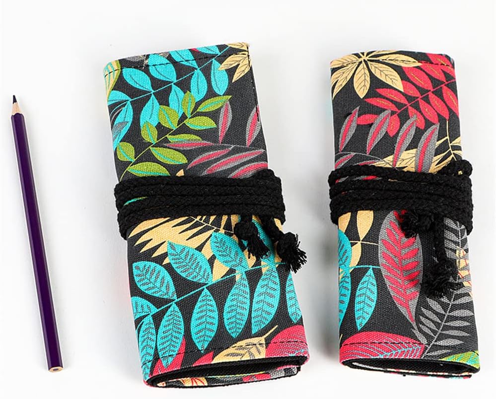 DIYOMR 24/36/72 Slots Pencil Wrap Pencil Rolls, Artist Colored Pencils Roll Up Bag Short Brushes Pouch Case Pencils Organizer for Drawing Coloring and Sketching (Colorful Leaves, 24slots)