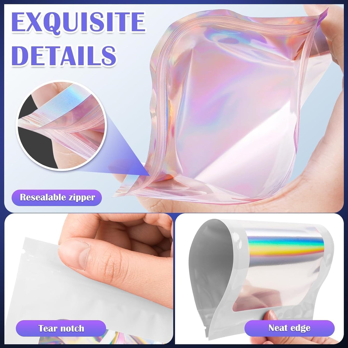 300 Pcs Mylar Bags, Smell Proof Bags Foil Pouch, Holographic Resealable Bags for Small Business, Candy Sample Jewelry Bag Sealable Packaging for Party Favor Food Storage (4x6in-White)