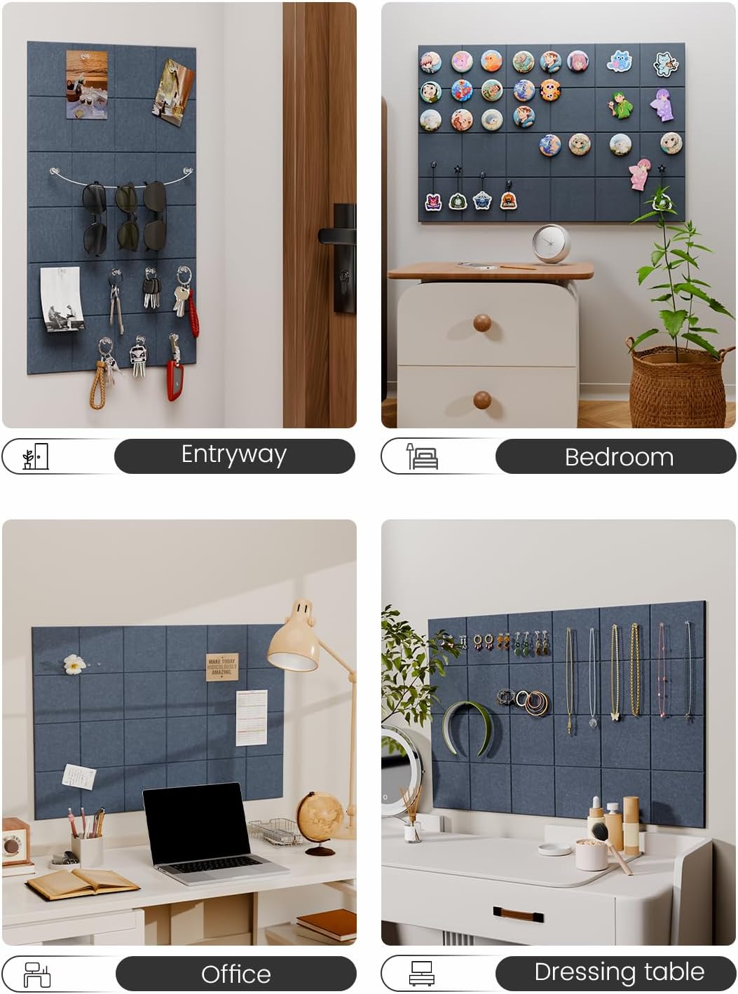 Felt Bulletin Board Tiles -28"x18" Cork Board Alternative for Office Decor, Push Pin Board Wall Organizer 6-Pack-Deep Charcoal Blue
